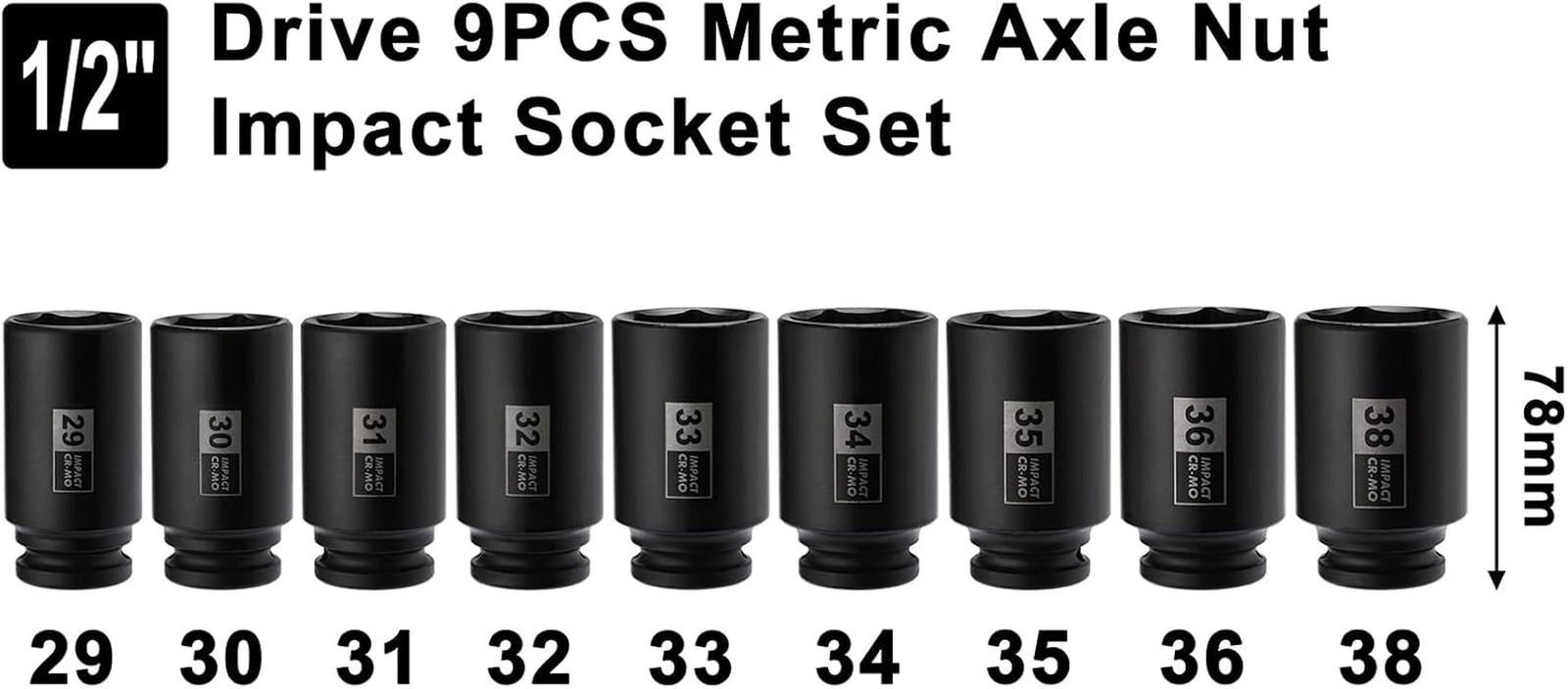 9PCS 1/2 Inch Drive Deep Impact Socket Set, 29-38MM, Spindle Axle Nut S