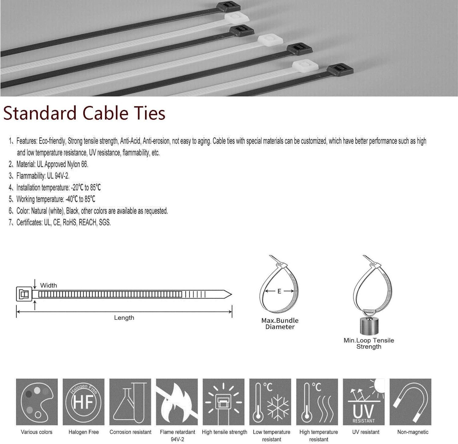 Nylon Zip Ties 300pk, LANGTSA 4-8" White