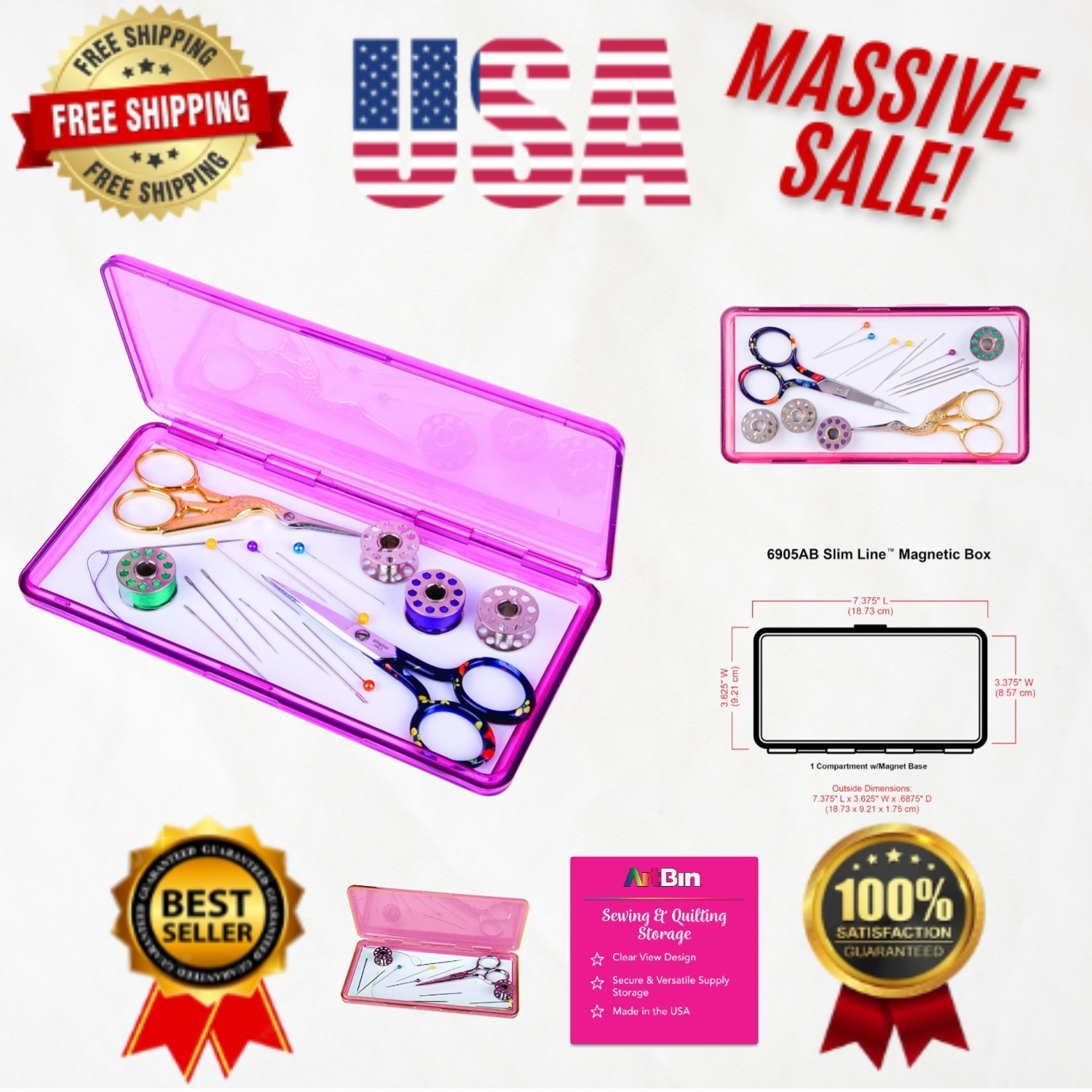 Sew-Lutions Slim Line Magnetic Box - Lightweight Craft Organizer in Raspberry