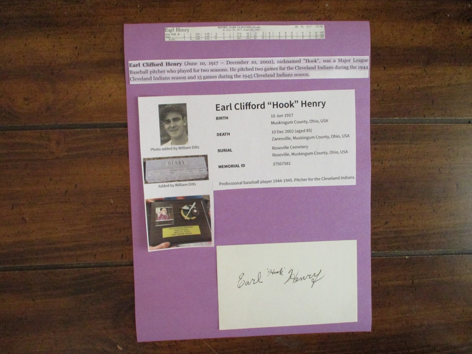 EARL  HENRY(Died in 2002)Signed Trimmed Index Card w/8 x 11 Display w/Obit/Photo