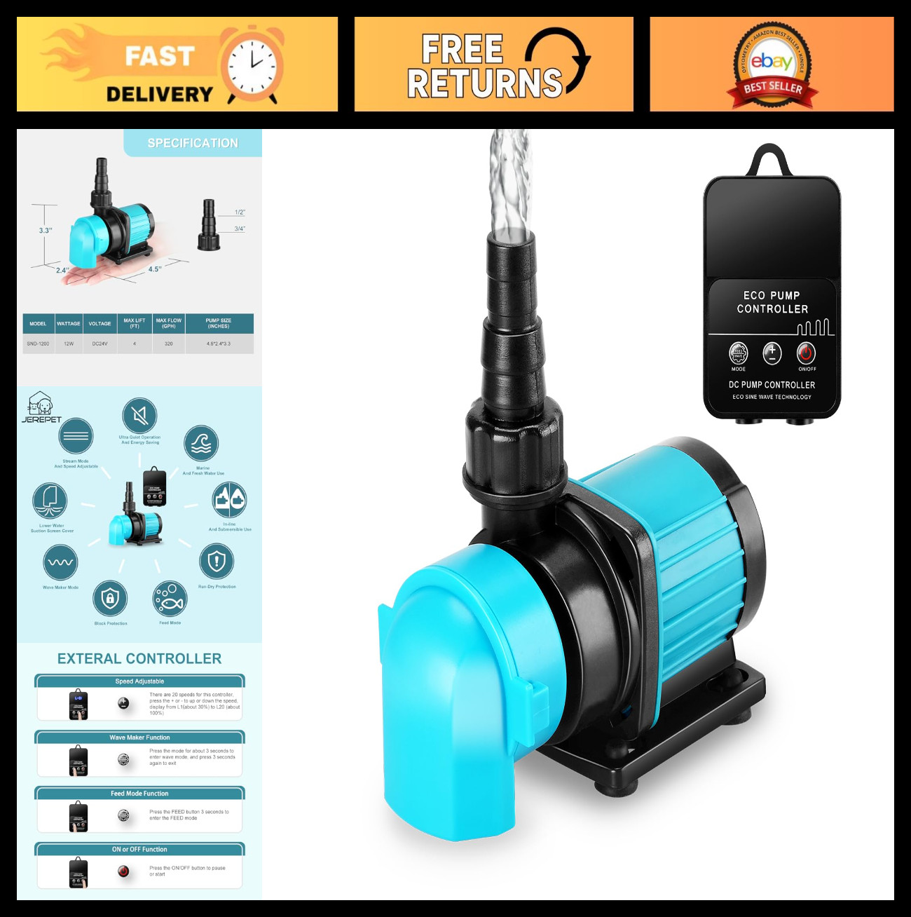 320GPH Submersible Water Pump with Controller for 20-50G Aquariums & Fountains
