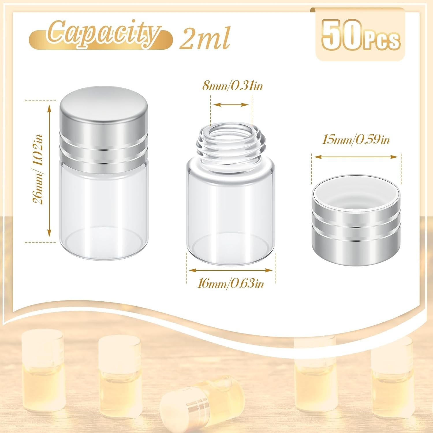 50 Pcs 2ml Tiny Glass Bottles Vials Mini Small Clear Bottles Glass Jars Empty...