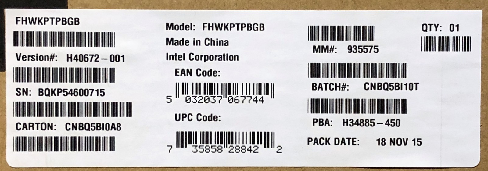 Intel FHWKPTPBGB Bridge Board Spare New Bulk Packaging