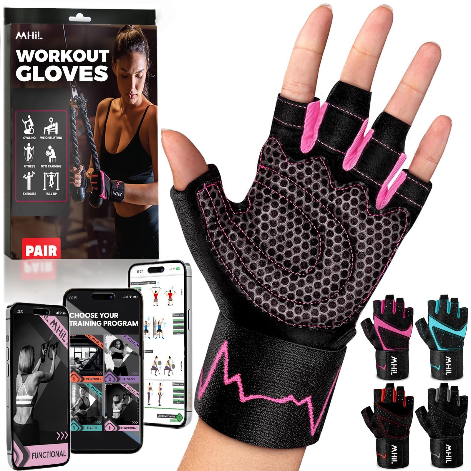 MhIL Workout Gloves for Women – Breathable Gym Gloves for Women with Palm Pro...