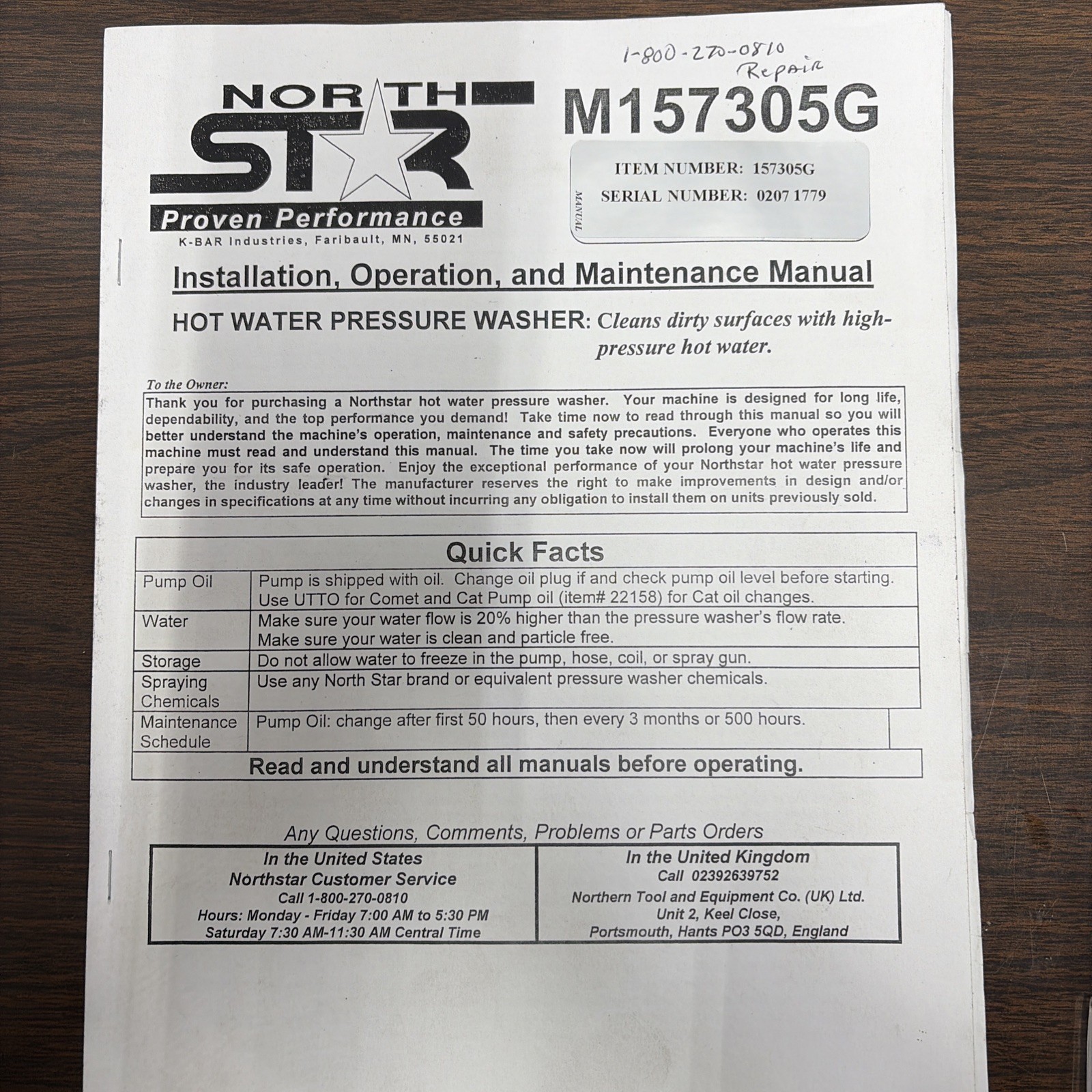 North Star Model # 157305G Operation Manual