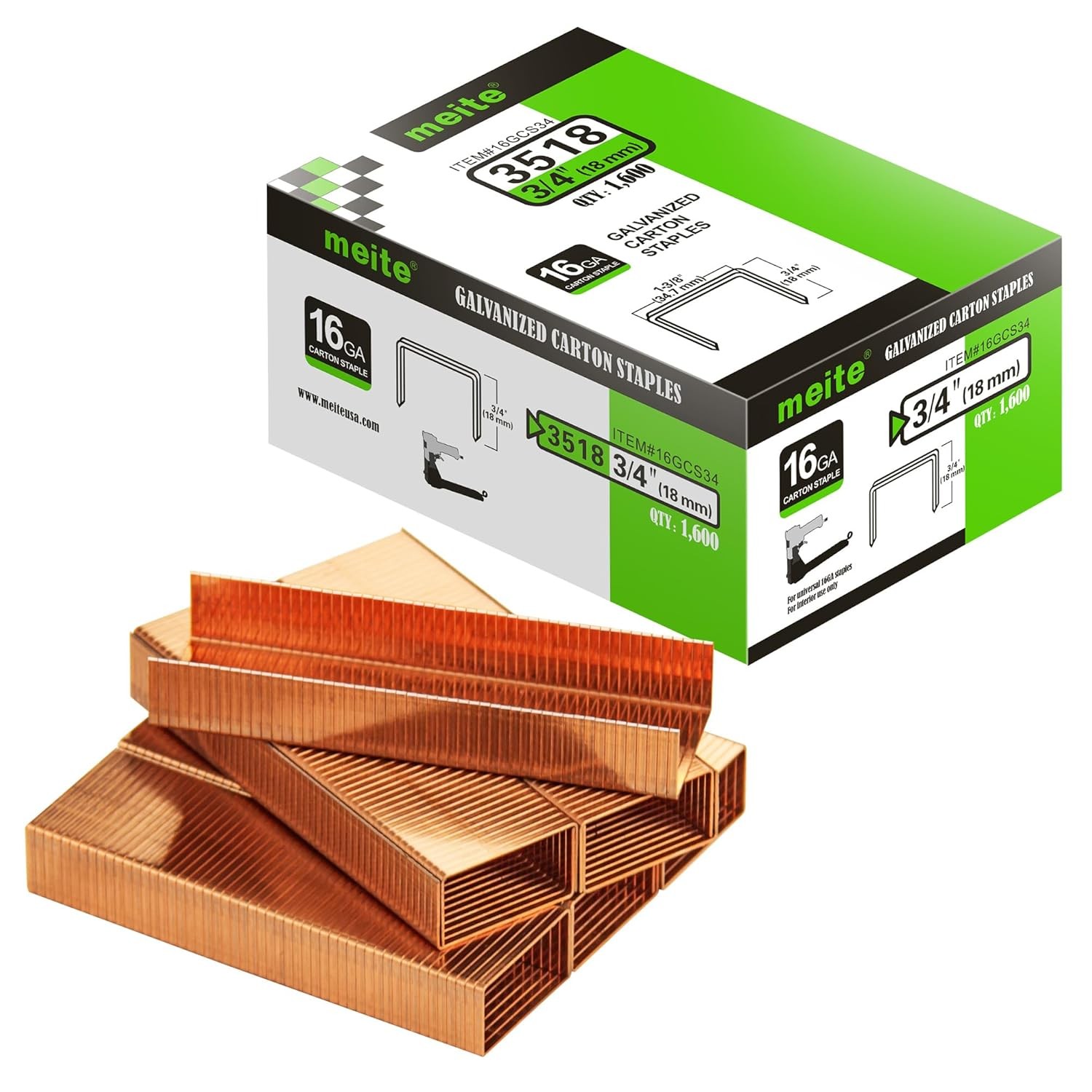 meite Carton Closing Staples 16 Gauge 1-3/8" Wide Crown 3/4" Leg Copper-Coated C