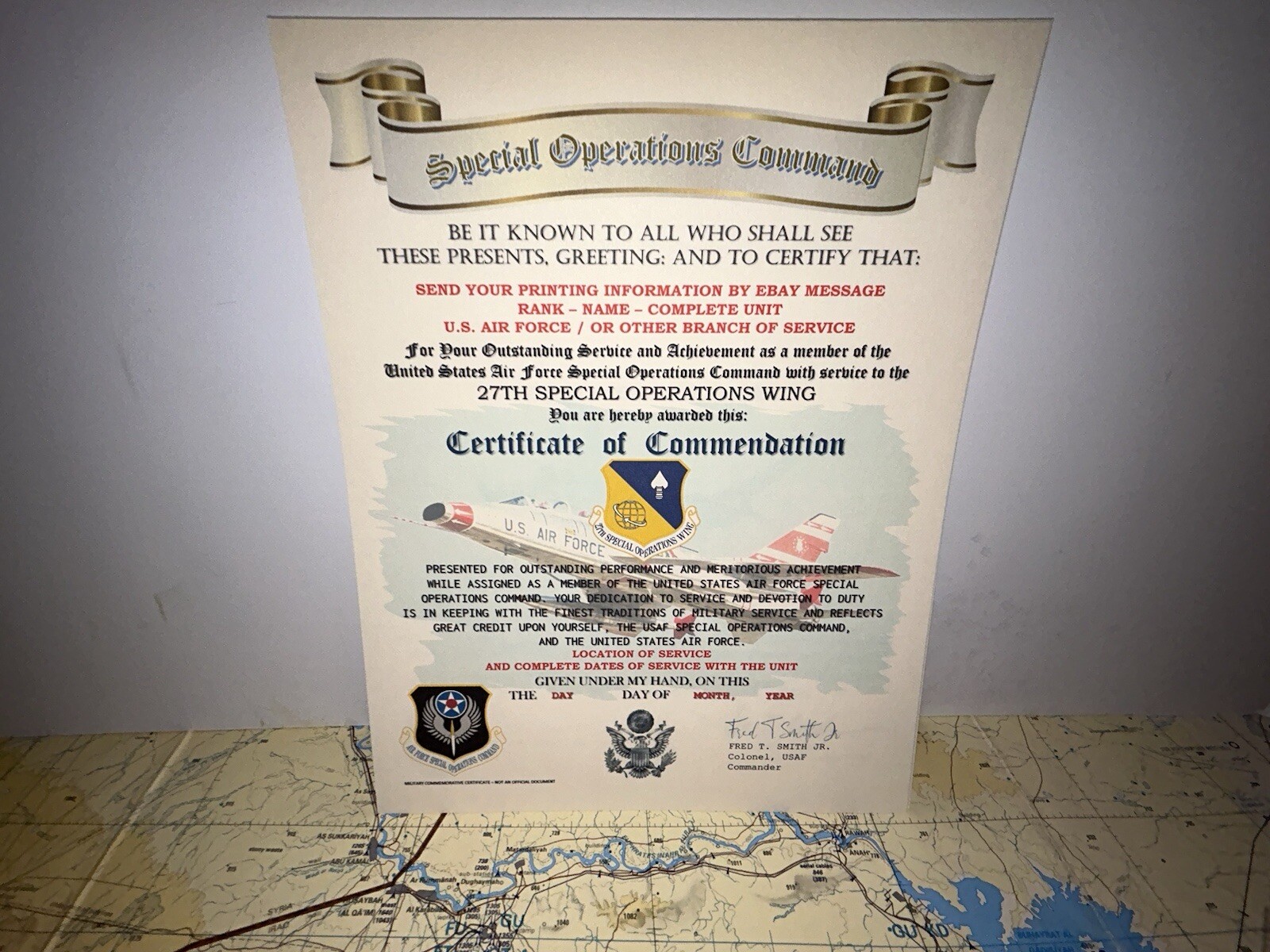 U.S.A.F. / 27TH SPECIAL OPERATIONS WING - CERTIFICATE OF COMMENDATION