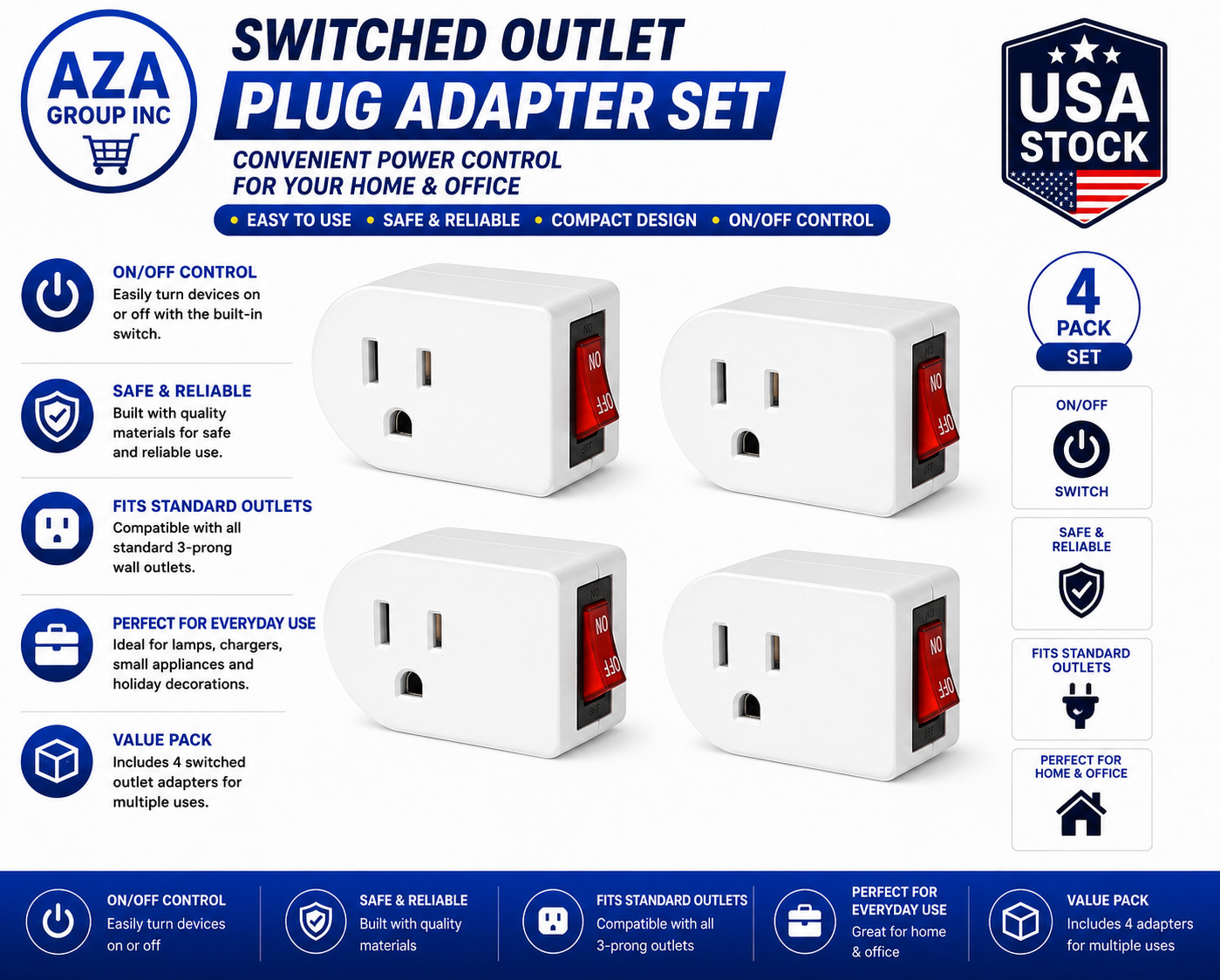 Grounded Outlet with on off Switch (4 Pack), Single Power Adapter Outlet 15A 187