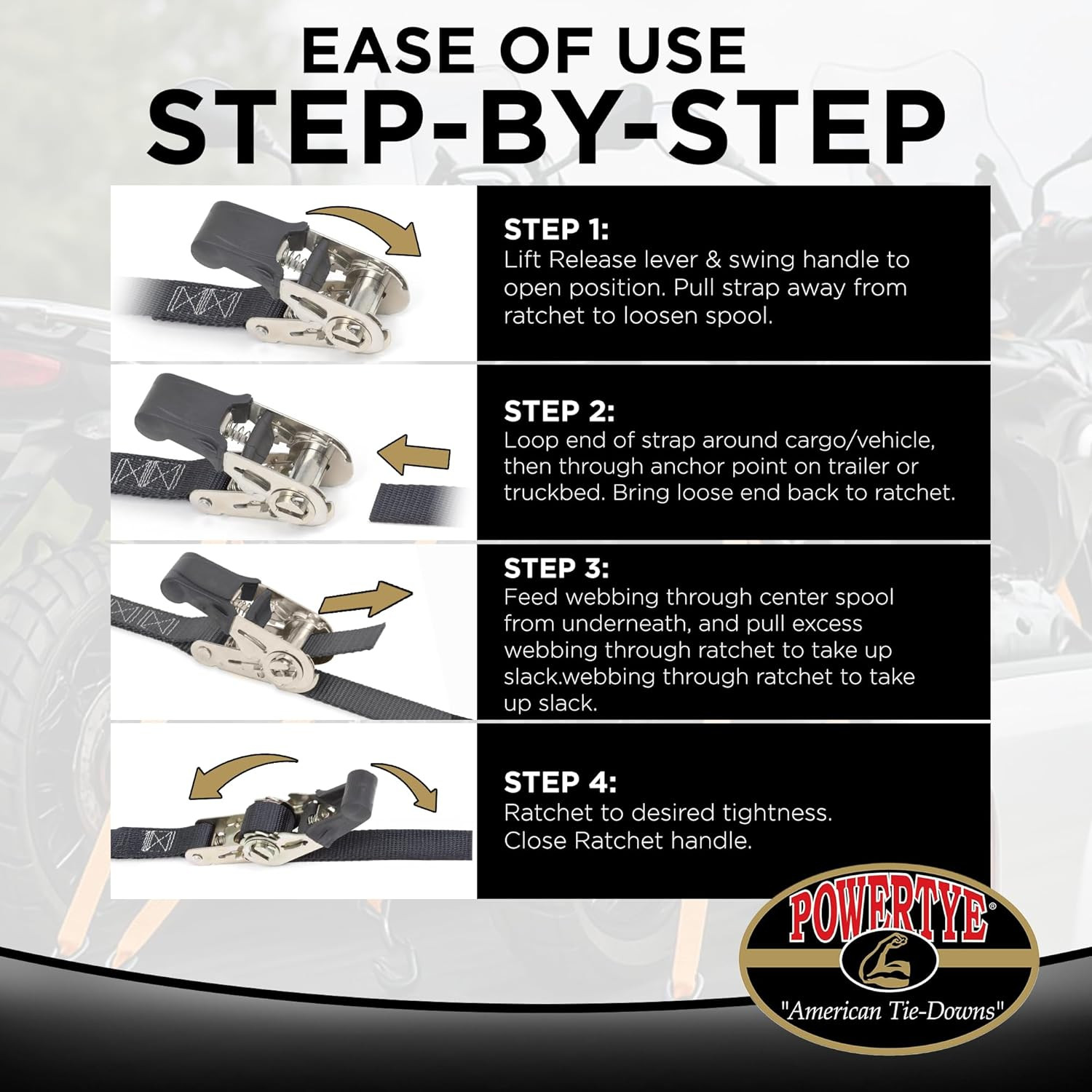 Powertye - Endless Ratchet Strap - 1In X 4Ft Easy Grip (Hookless), Tie down Stra