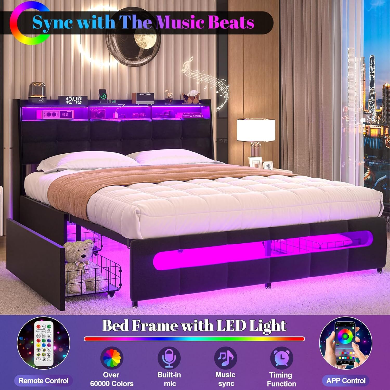 Homieasy Bed Frame with 4 Drawers ＆ Upholstered Headboard ＆ LED Lights ＆ Outlets