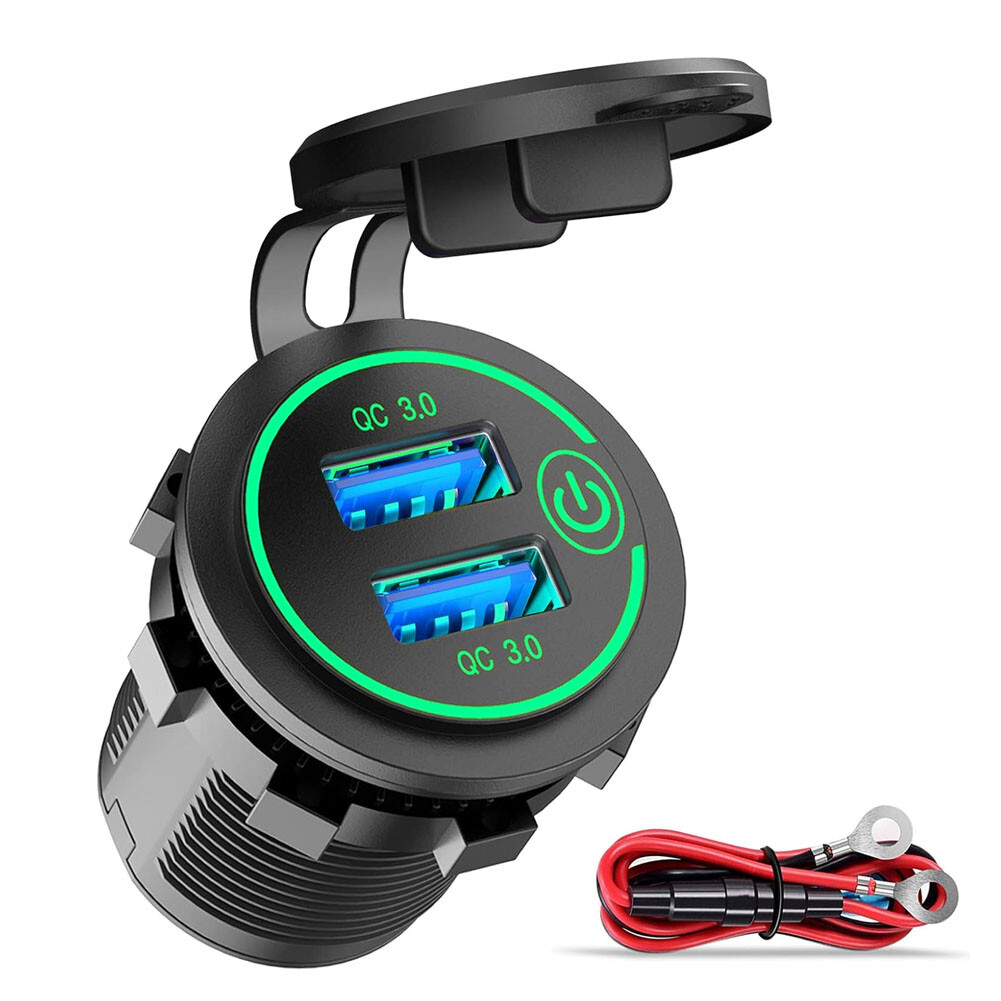 Car Charger Cigarette Lighter Touch Switch QC 3.0 Dual USB Power Socket Green