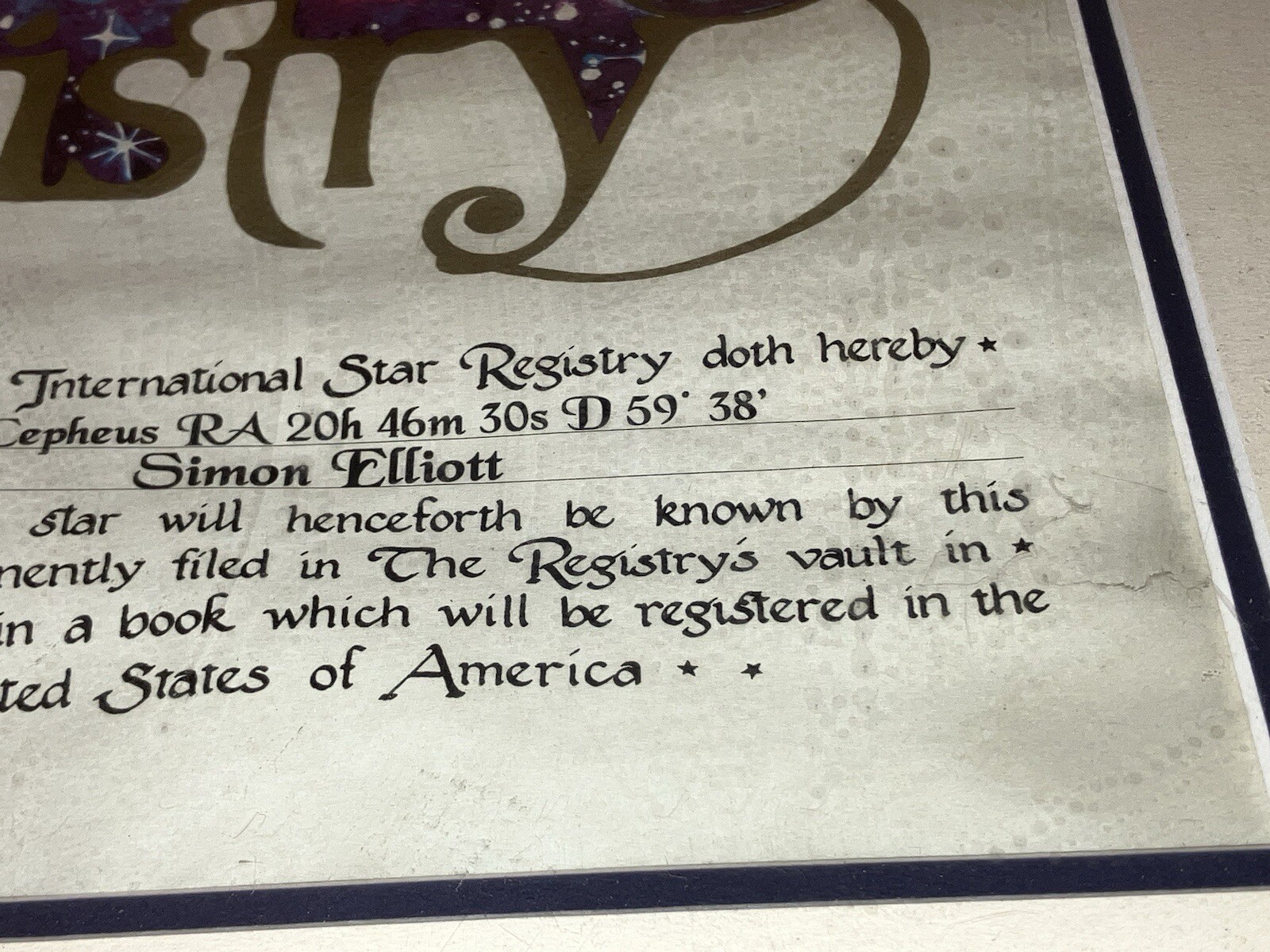 2005 International Star Registry Framed Certificate CEPHEUS RA SIGNED
