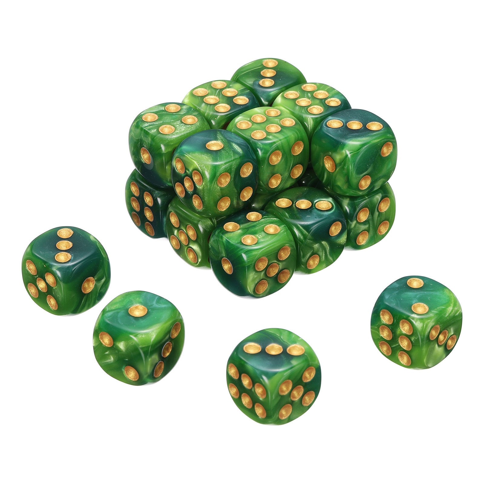 20Pcs 6 Sided Colored Standard Dice, Acrylic D6 Game Dice, Mixed Green, Gold