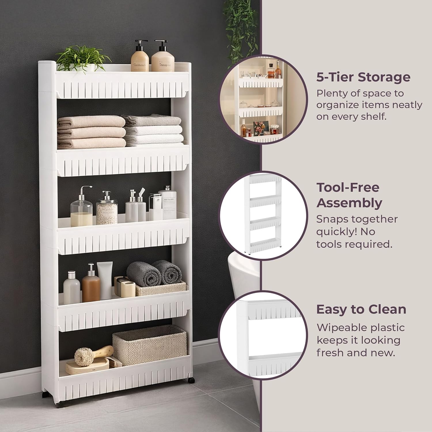 Mobile 5-Tier Slim Storage Tower - Perfect for Tight Spaces & Easy Access