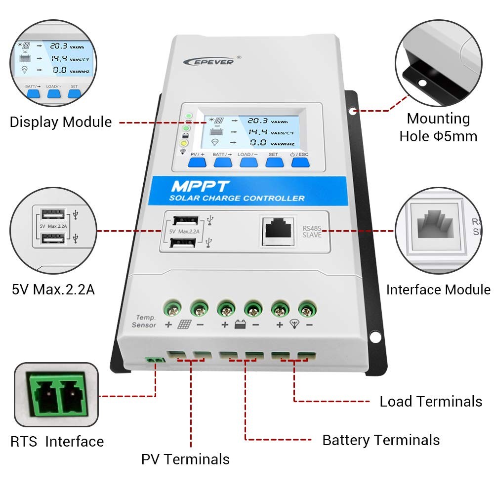 Epever 40A Mppt Solar Charge Controller 12V/24V Auto Working Max. Pv 150V