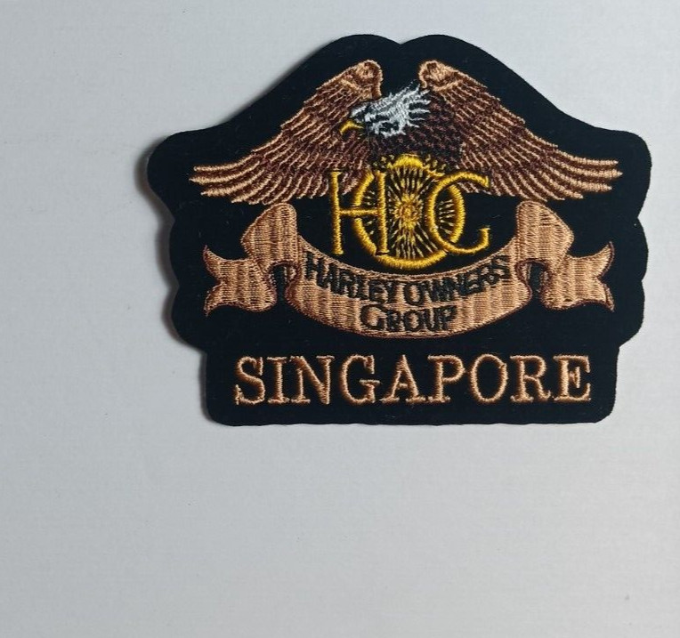 TWO HARLEY DAVIDSON HOG PATCHES 5" X 3" HARLEY OWNERS GROUP ONE SINGAPORE 1 REG