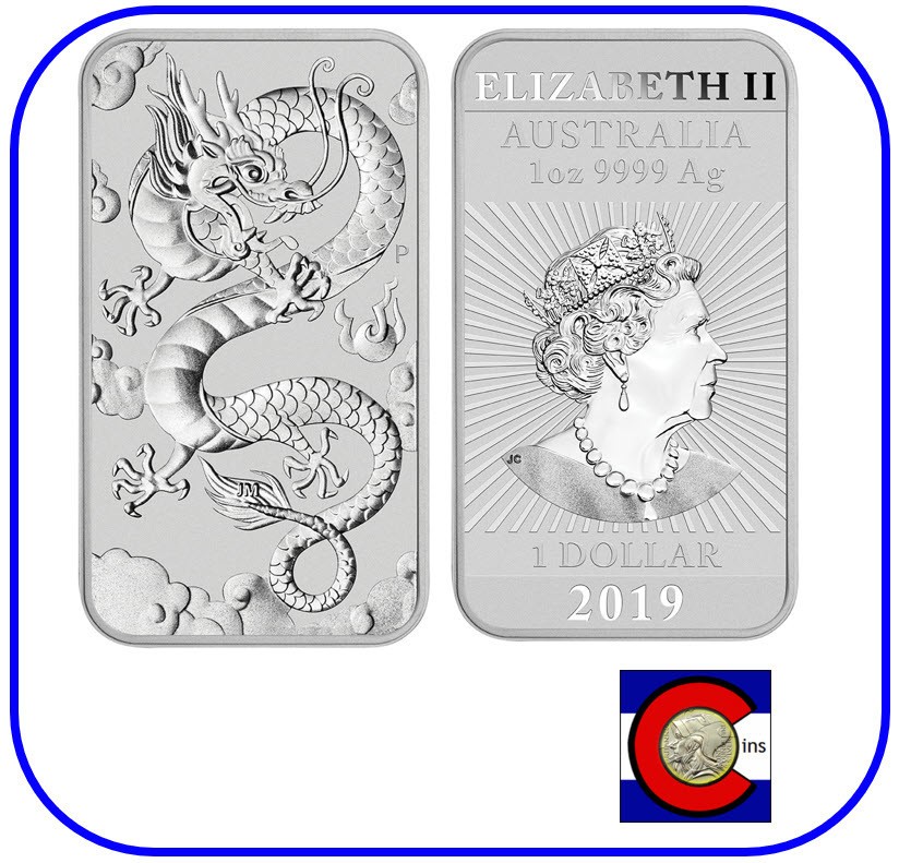 2019 Australia Perth Mint 1 oz Silver Dragon Bar Rectangular Coin in Capsule