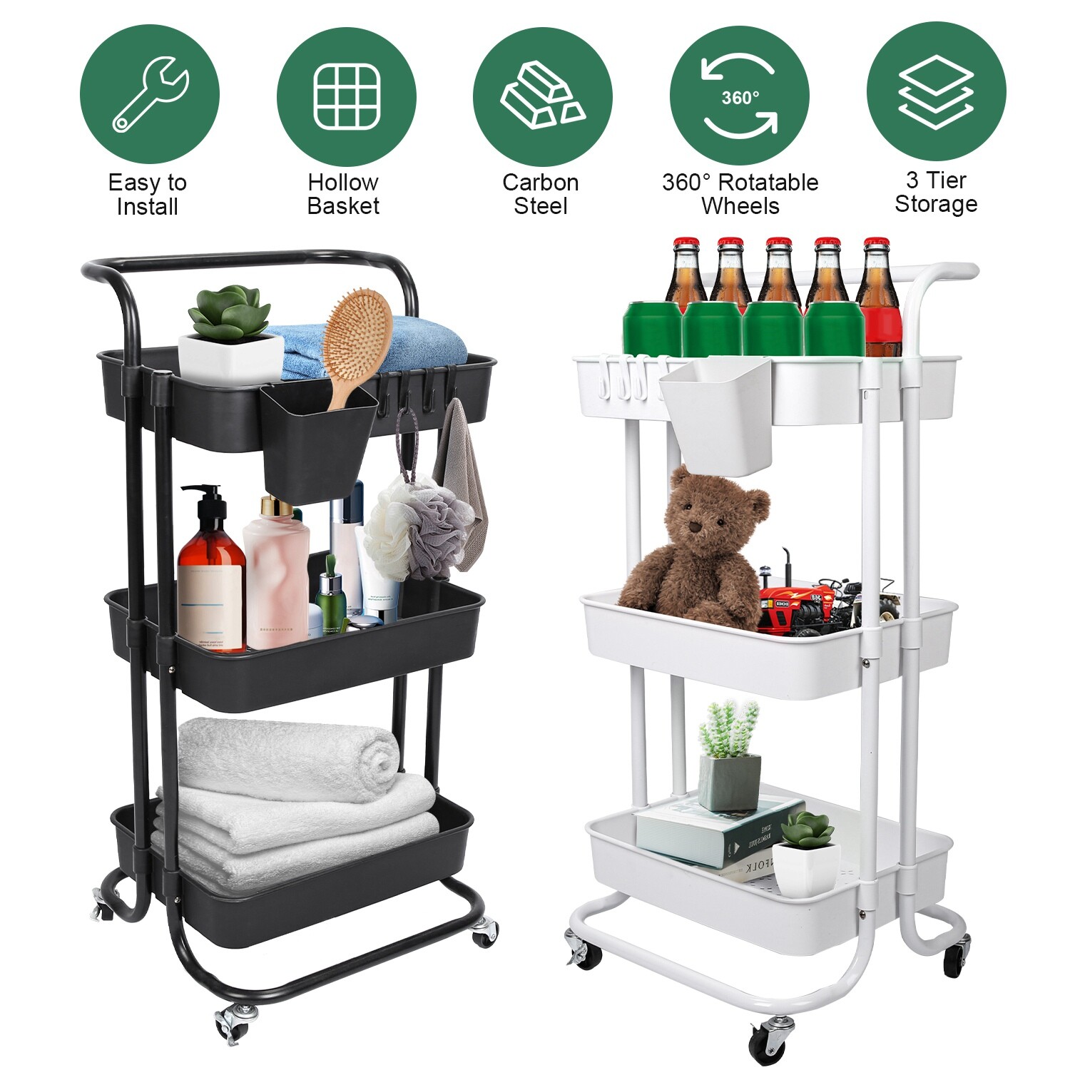 3 Tier Utility Rolling Cart Storage Baskets Organizer Trolley with 360° Wheels