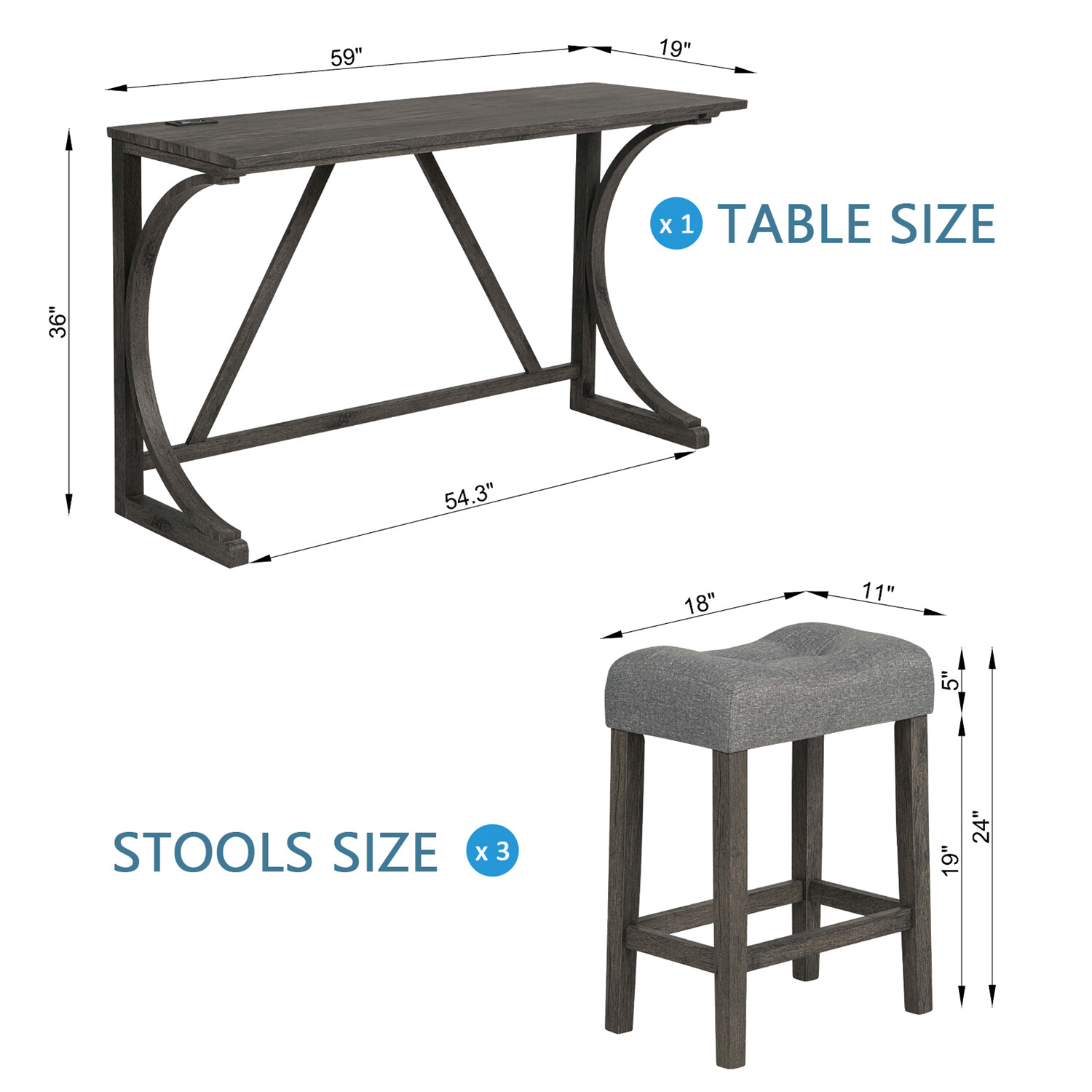 4 Piece Bar Table Set Counter Height Kitchen Dining Table w/ 3 Upholstered Stool