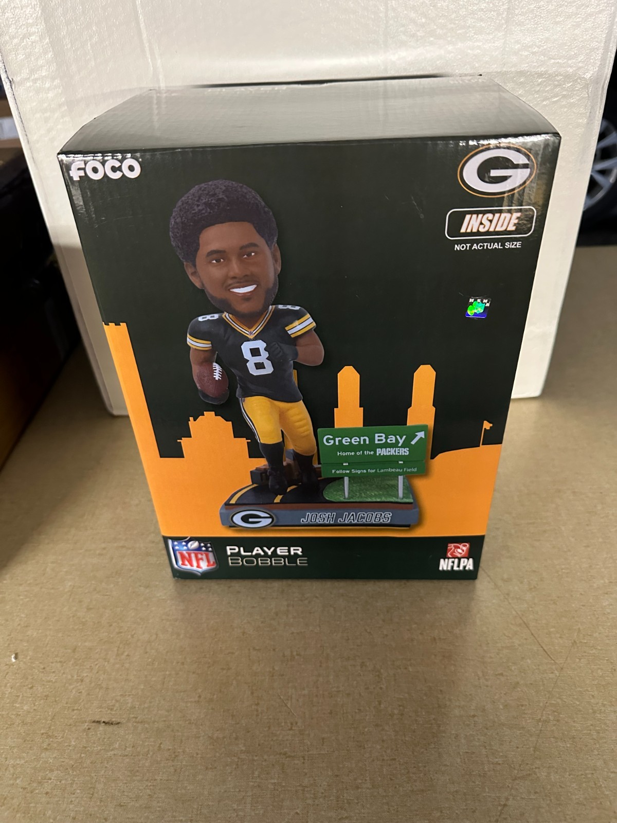 Josh Jacobs Green Bay Packers 2024 FOCO Welcome to Green Bay Bobblehead NIB