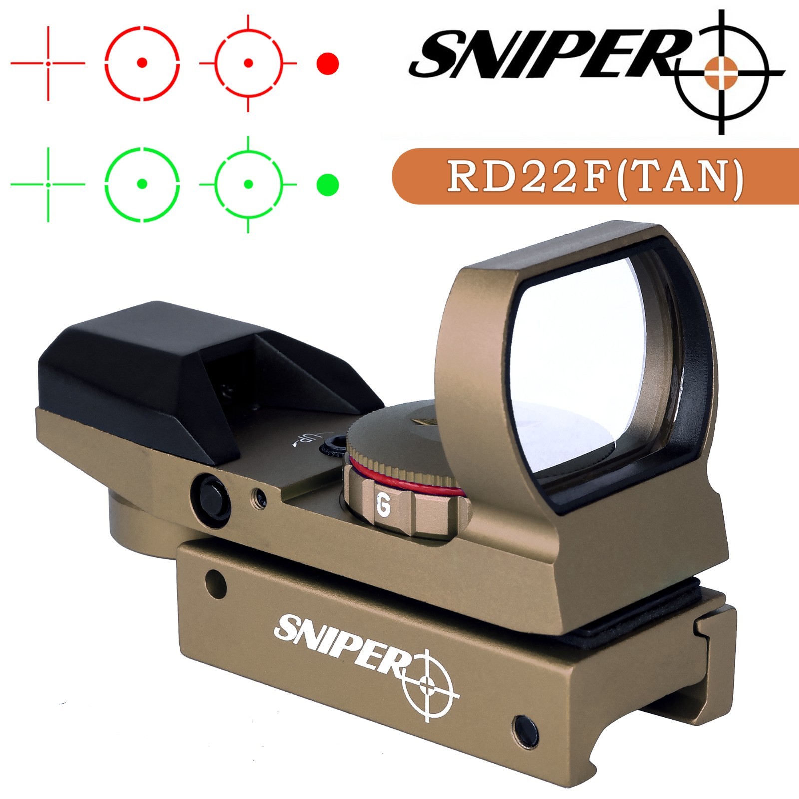 Sniper RD22F 1X22X33 Red Dot Sight, Reflex Sight with 20mm Picatinny Rail (Tan)