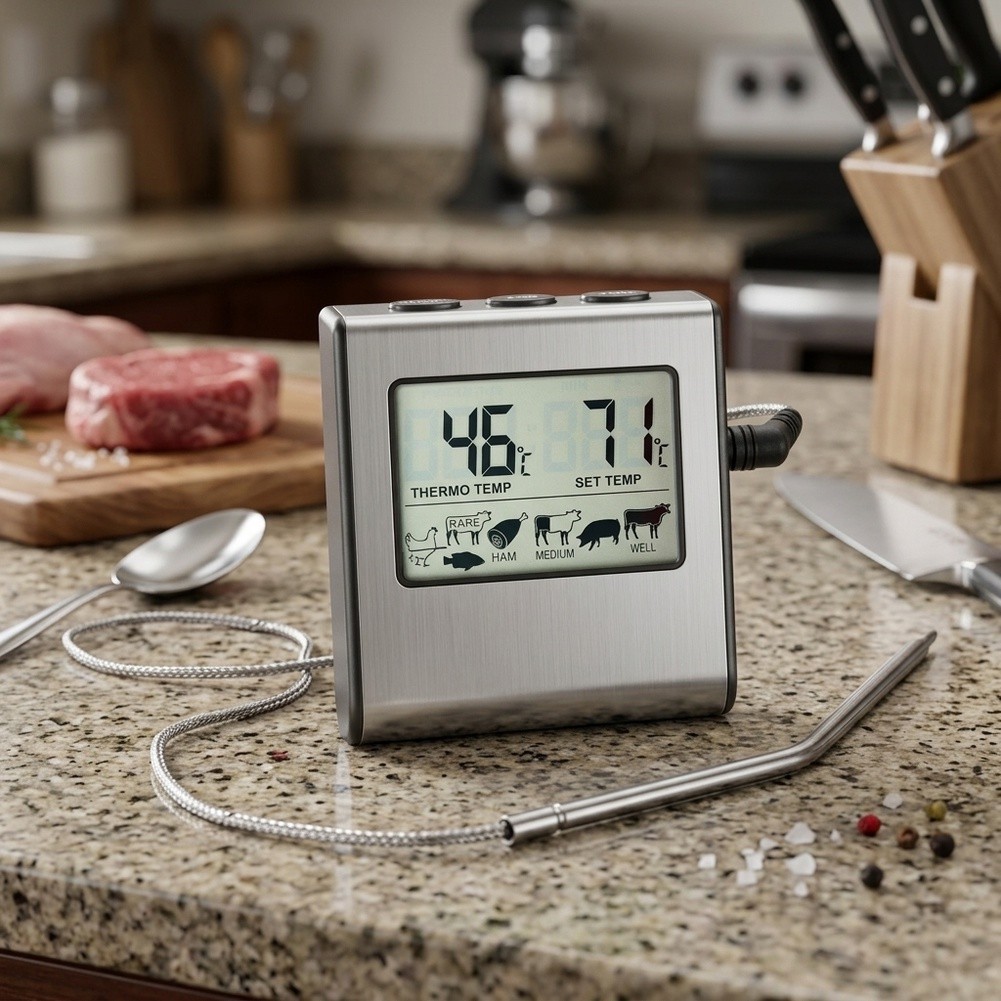 LCD For cooking Thermometer with Timer Function and Stainless Steel Probe
