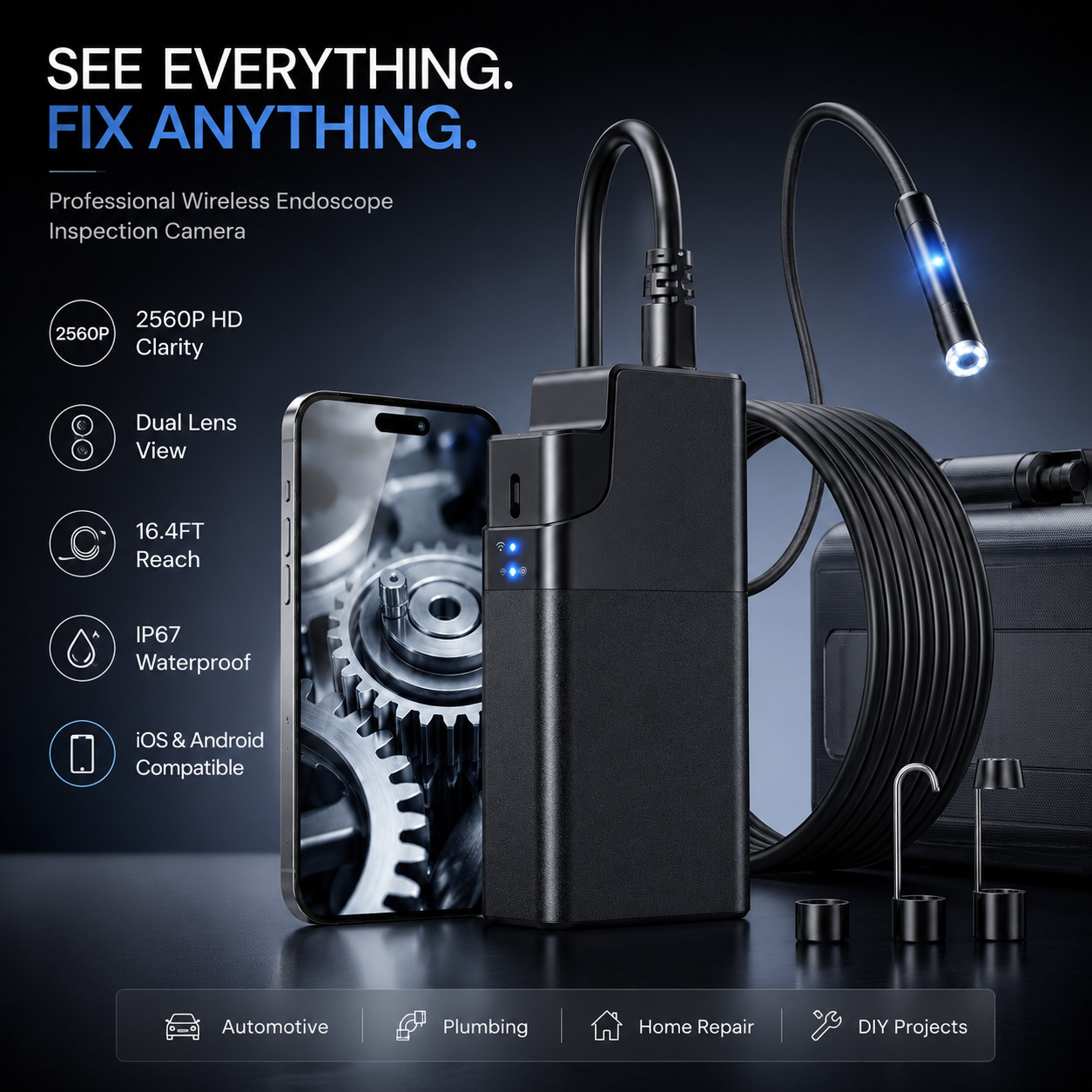 2560P HD Endoscope Inspection Camera Borescope Snake Waterproof 16.4FT