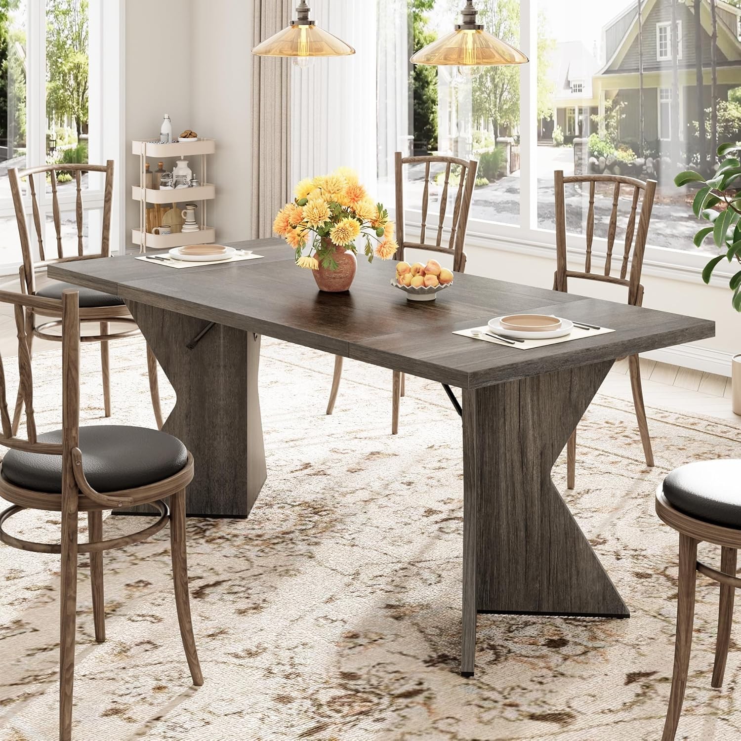Double-Sided Triamine Rectangular Dining Table-Iron Foot 1 grey Panel Thick