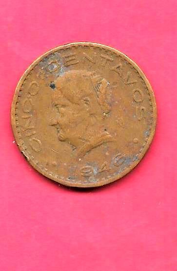 MEXICO KM424 1946 VF-VERY FINE-NICE OLD VINTAGE  USED 5 CENTAVOS BRONZE COIN