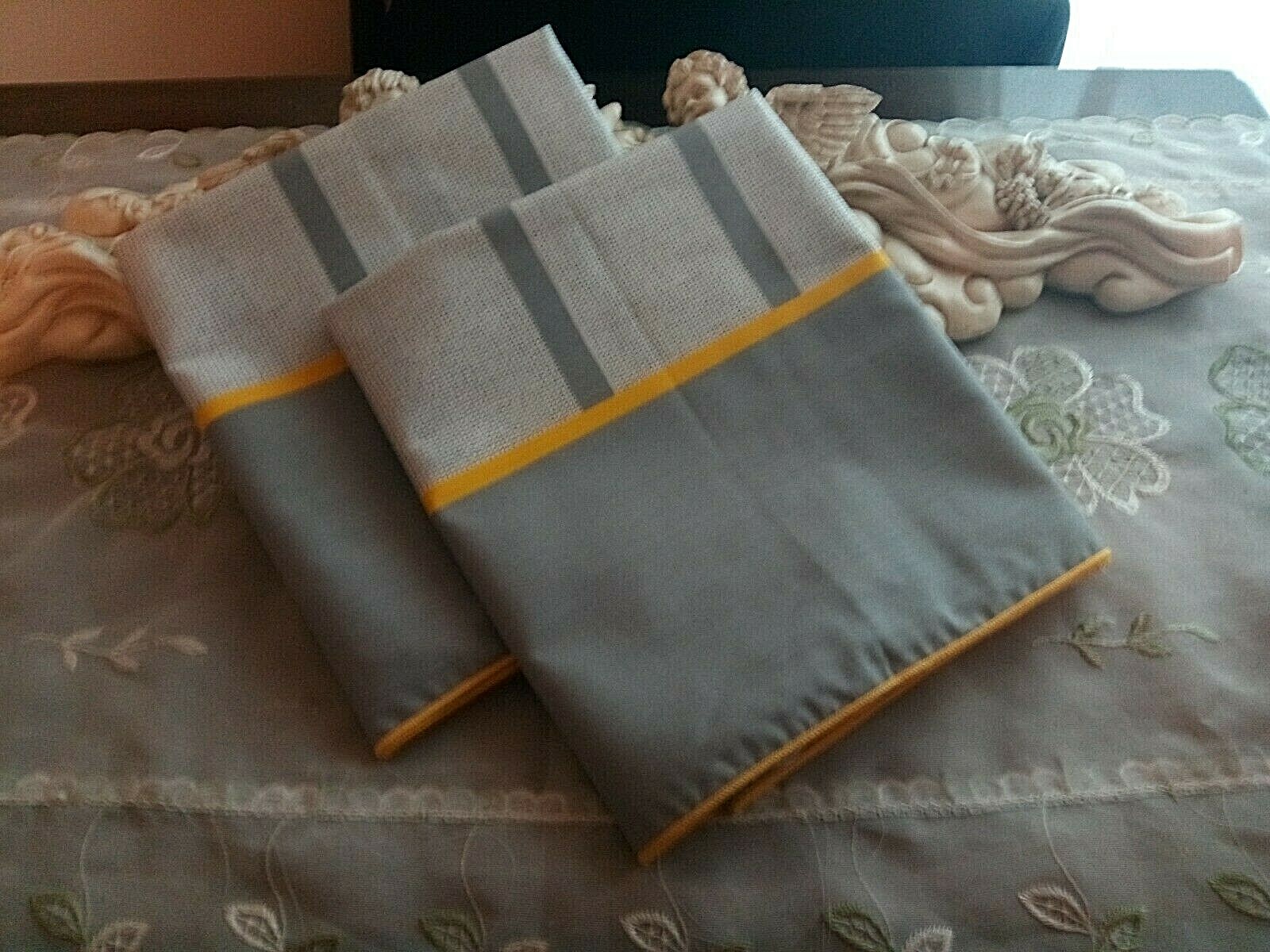 COUNTRY COTTAGE SET OF TWO GRAY & YELLOW STRIPING PILLOWCASES - BRAND NEW