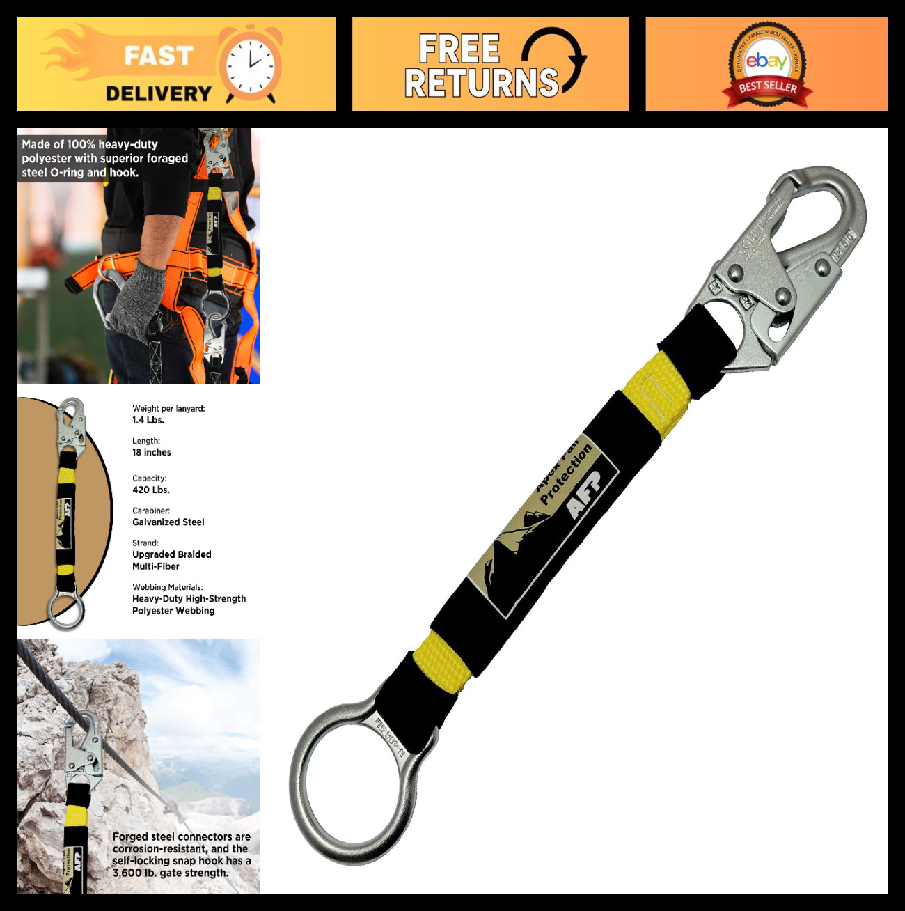 Heavy-Duty 18" D-Ring Extender Fall Protection with Snap Hook & O-Ring, OSHA Com