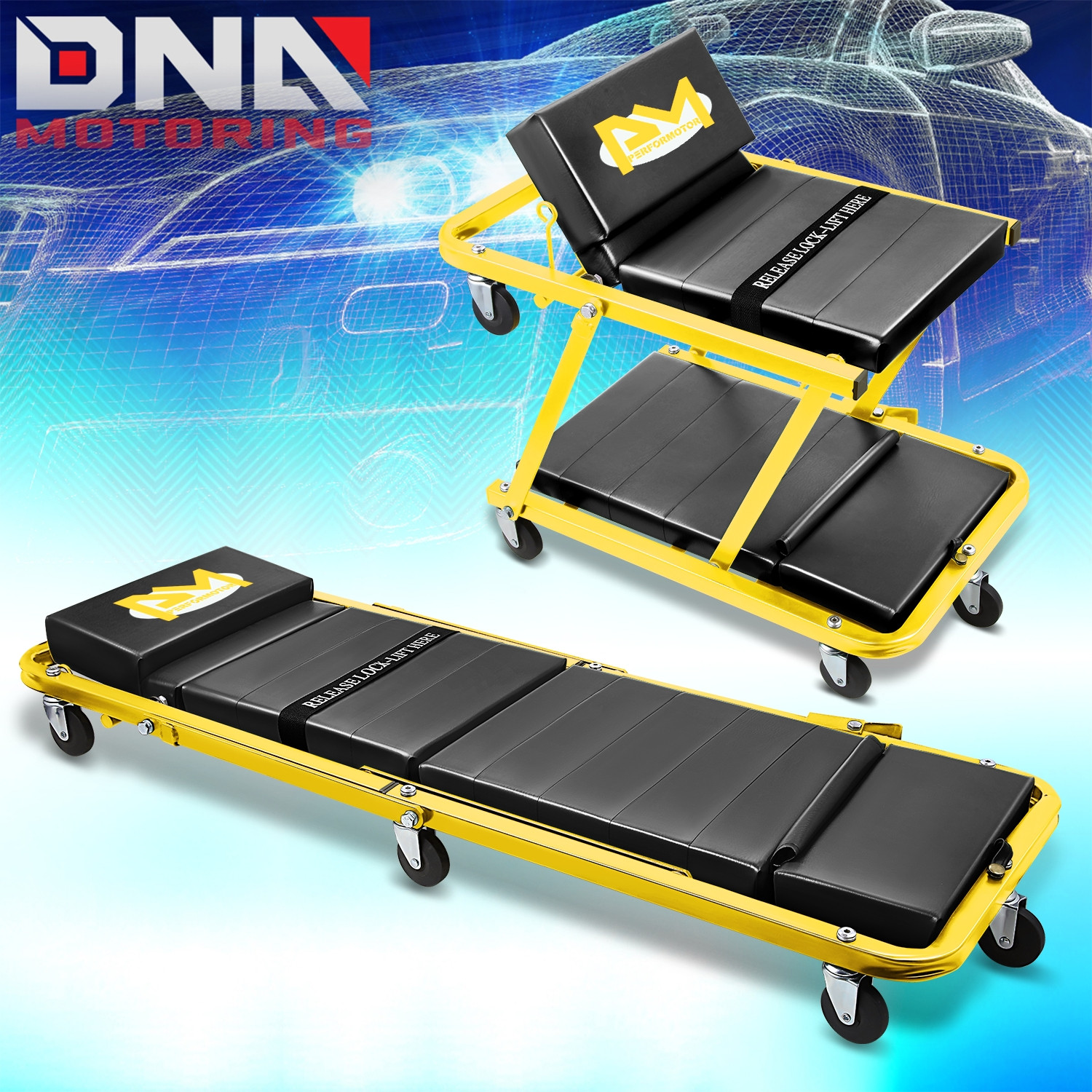 2-IN-1 48" Foldable Z Creeper Mechanics Garage Work Stool Rolling Chair Yellow