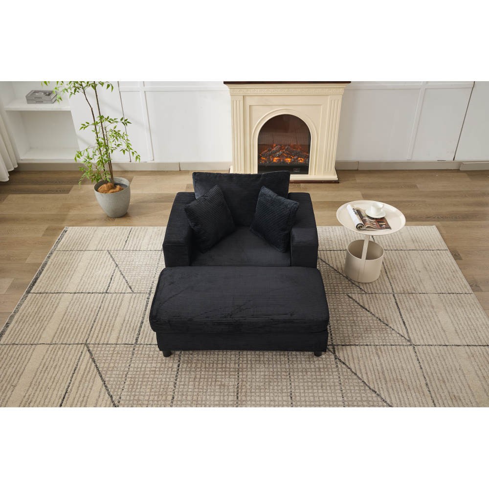 Modern Chaise Lounge Chair w/ Removable Ottoman & Pillows, Black Corduroy