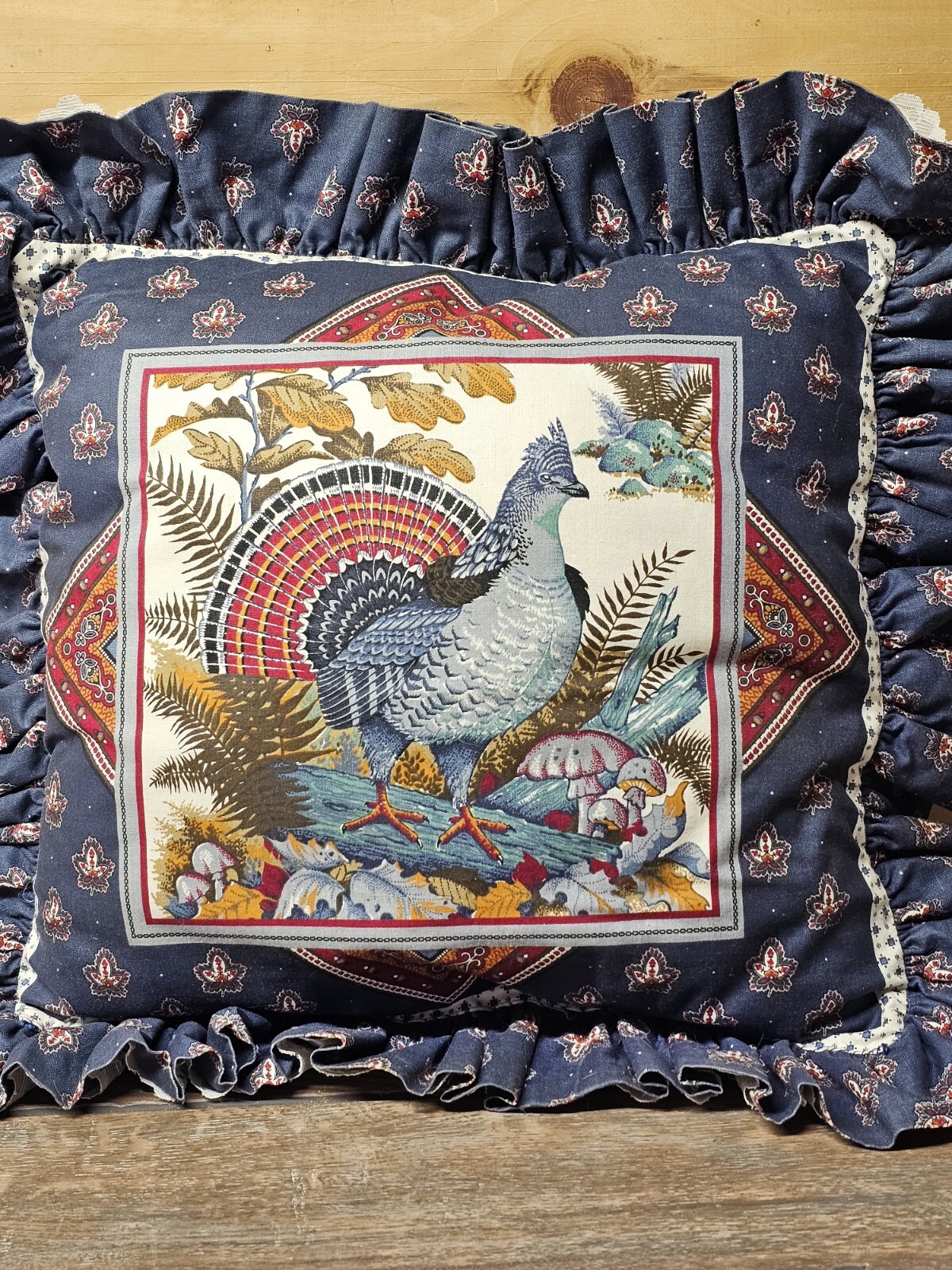 Vtg Reversible 2 Geese in a Pond / Grouse Accent Throw Pillow Ruffle Eyelet