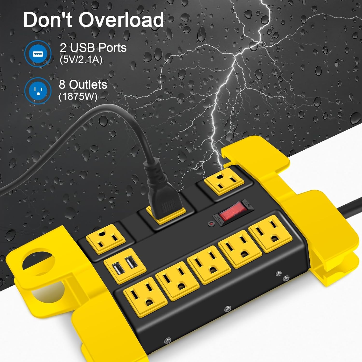 6 FT Black Power Strip with USB Workshop 8 Outlet Surge Protector Extension
