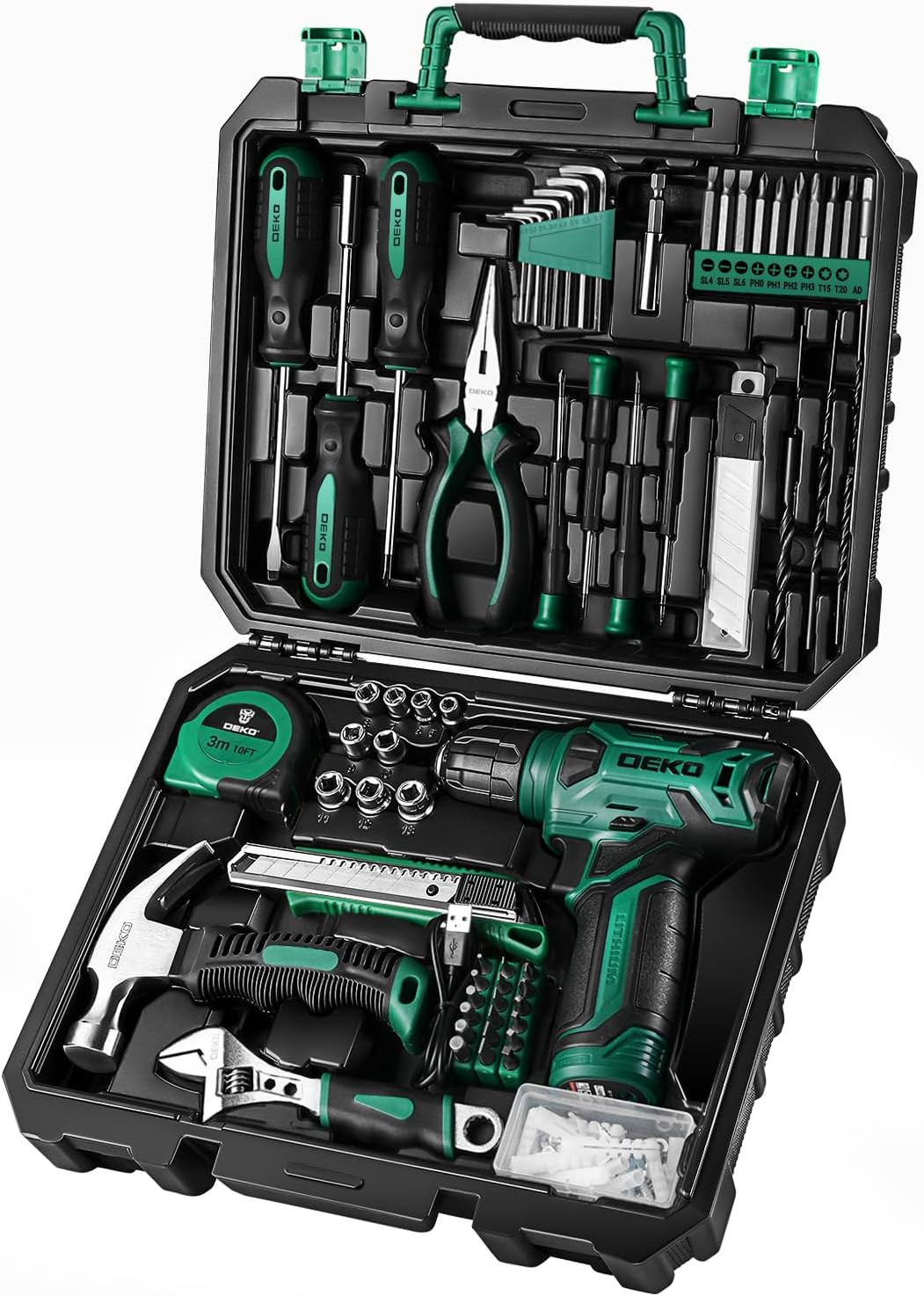 Tool Kit: 8V Cordless Drill, Home Toolbox with Storage Case, Hand Tool Set for H