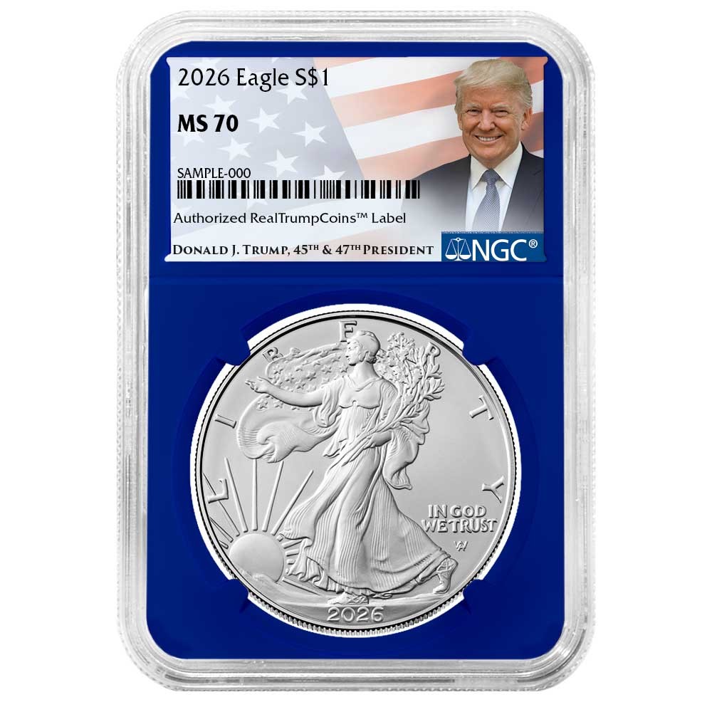 2026 $1 1-oz American Silver Eagle NGC MS70 Trump Label Blue Core