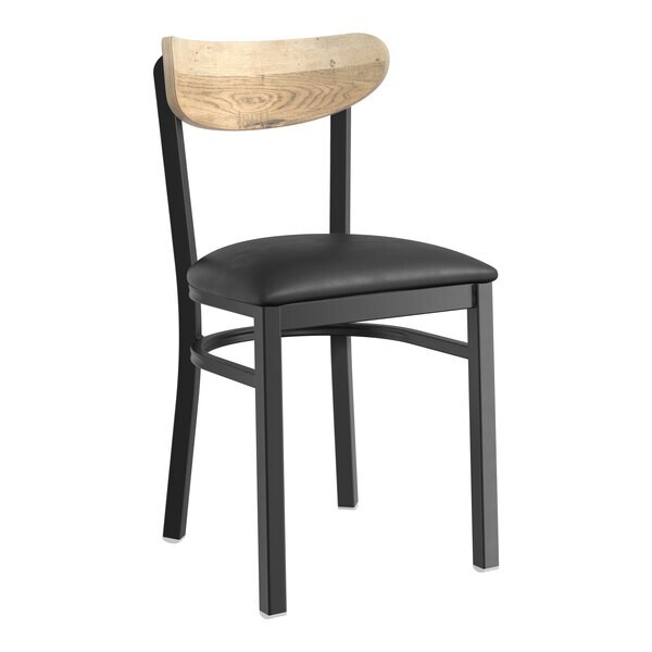 Boomerang Back Metal Dining Chairs with Black Vinyl Seat and Driftwood Wood Back