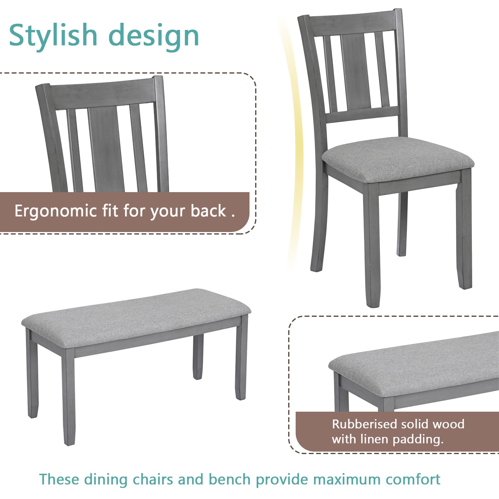 A rectangular dining table, equipped with 4 upholstered chairs and a long bench