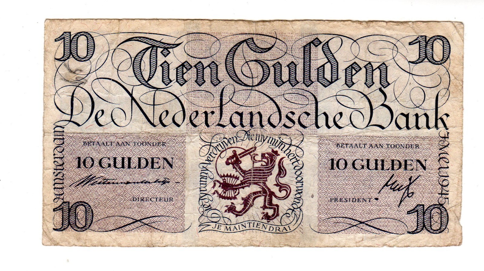 NETHERLANDS Netherlands Billet 10 GULDEN 1945 AMSTERDAM P74 VF GOOD CONDITION,