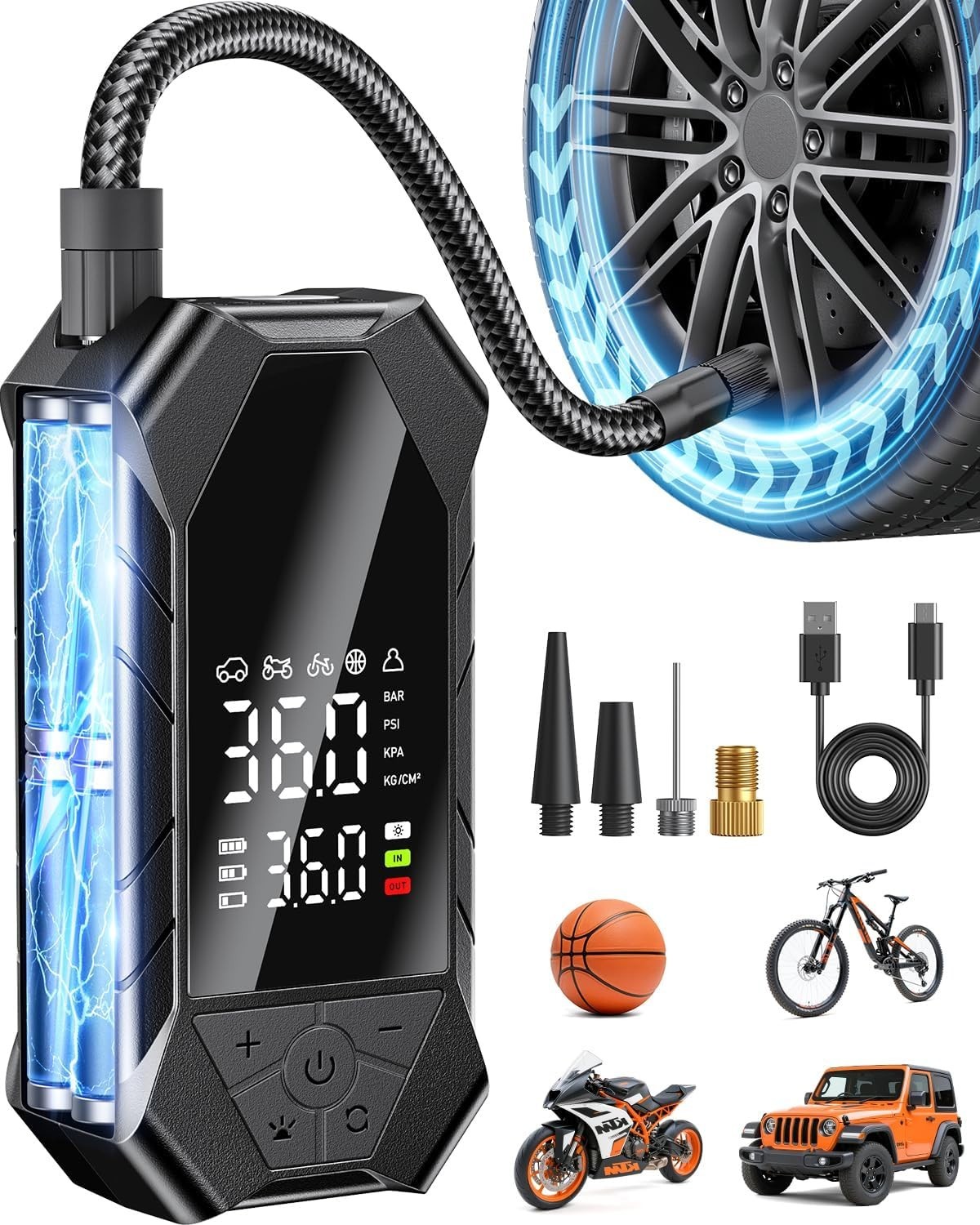 150 PSI Air Compressor Tire Inflator Fits Car Moto Bike Tires Air Pump Cordless
