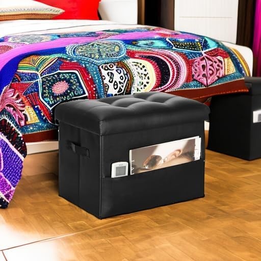 Storage Ottoman Foot Rest Stool with Thicker Foam Padded Seat Foldable Leather