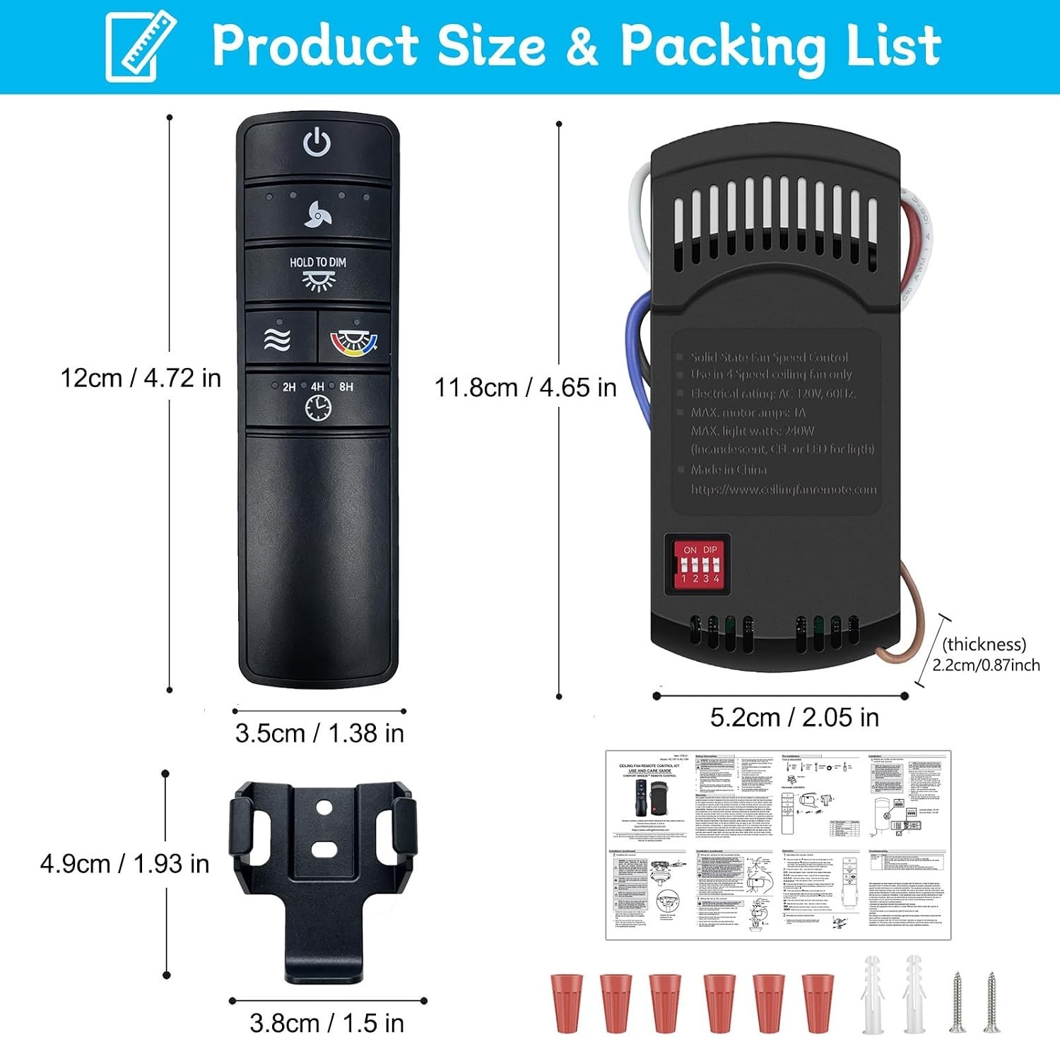 Universal Ceiling Fan Remote Kit 4 Speed Dimmer Timer Wall Mount Light Delay
