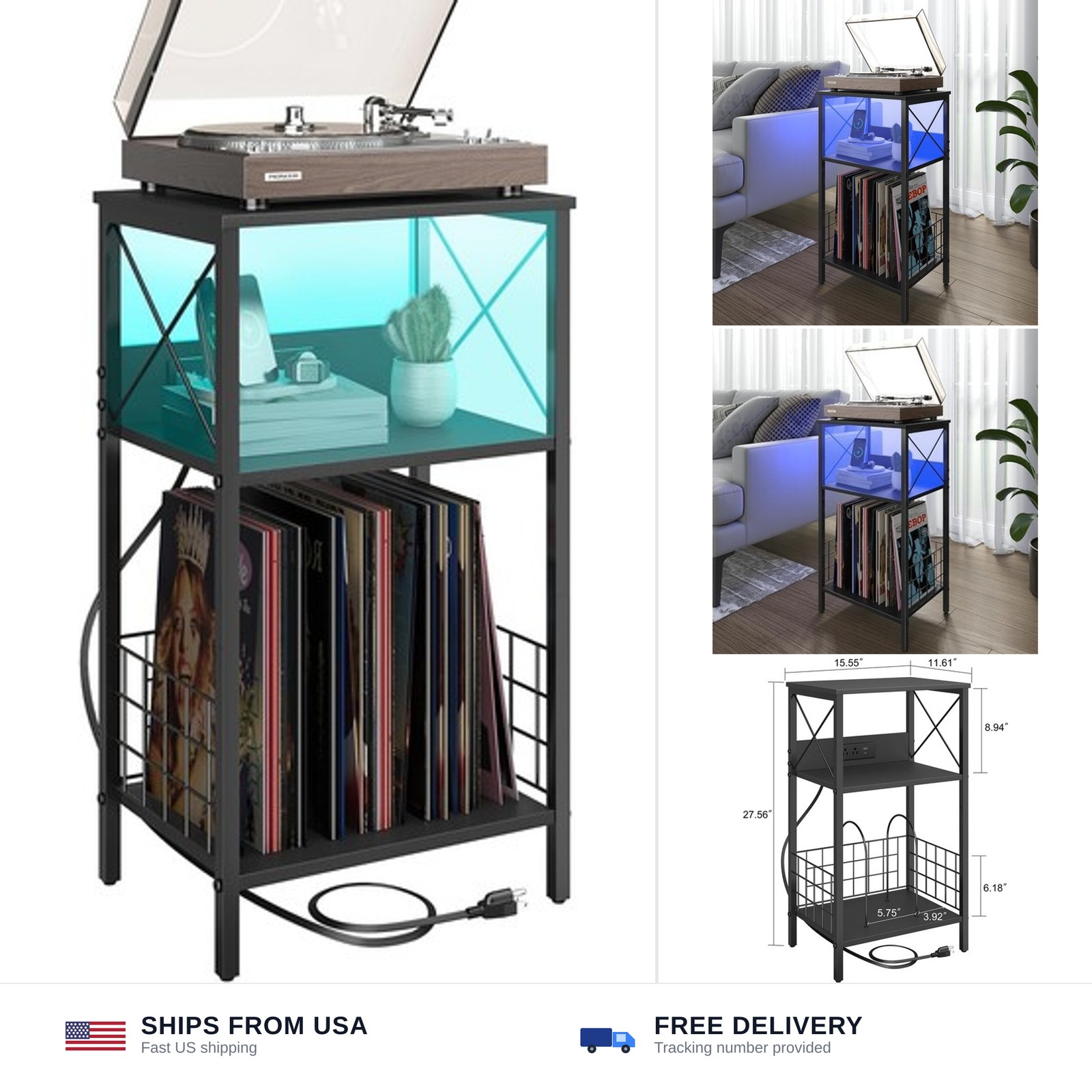 Sthmec 3 Tiers End Table with Charging Station, LED Record Player Stand Turnt...