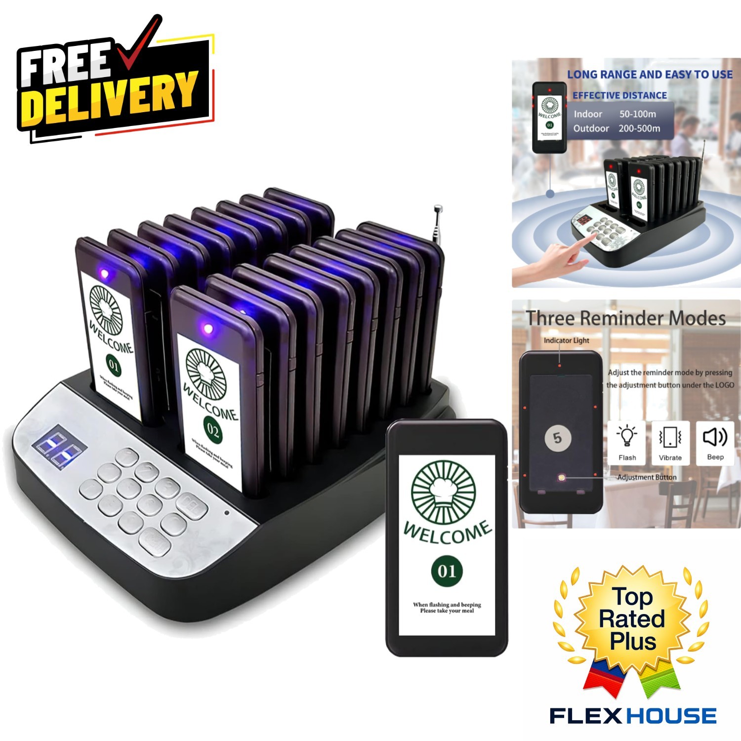 Long Range Waterproof Restaurant Pager System | 16 Rechargeable Buzzers Included