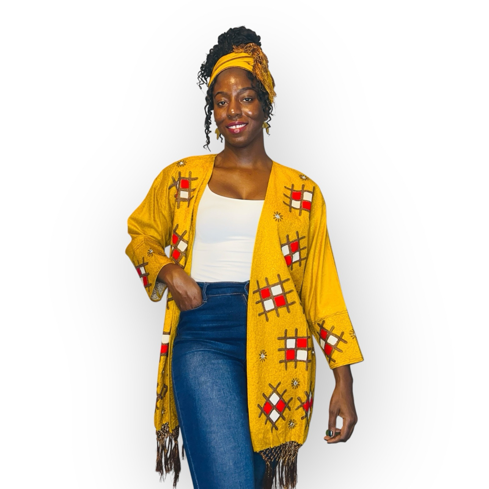 Vintage African Yellow Embroidered Women Cardigan & Head Scarf Set