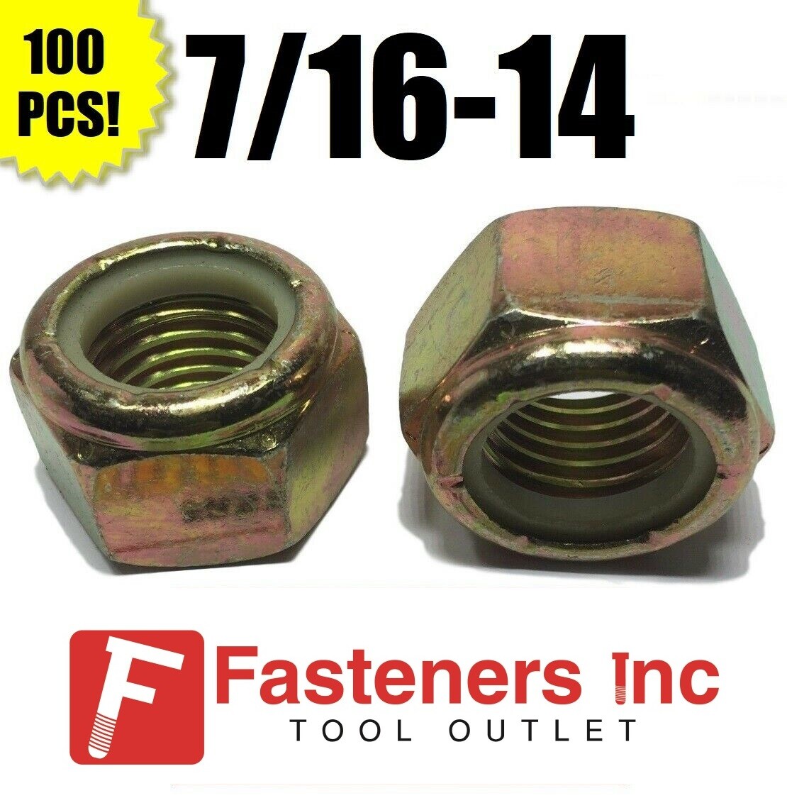 (Qty 100) 7/16-14 Grade 8 Nylon Insert Lock Nuts Nylock Yellow Zinc Plated