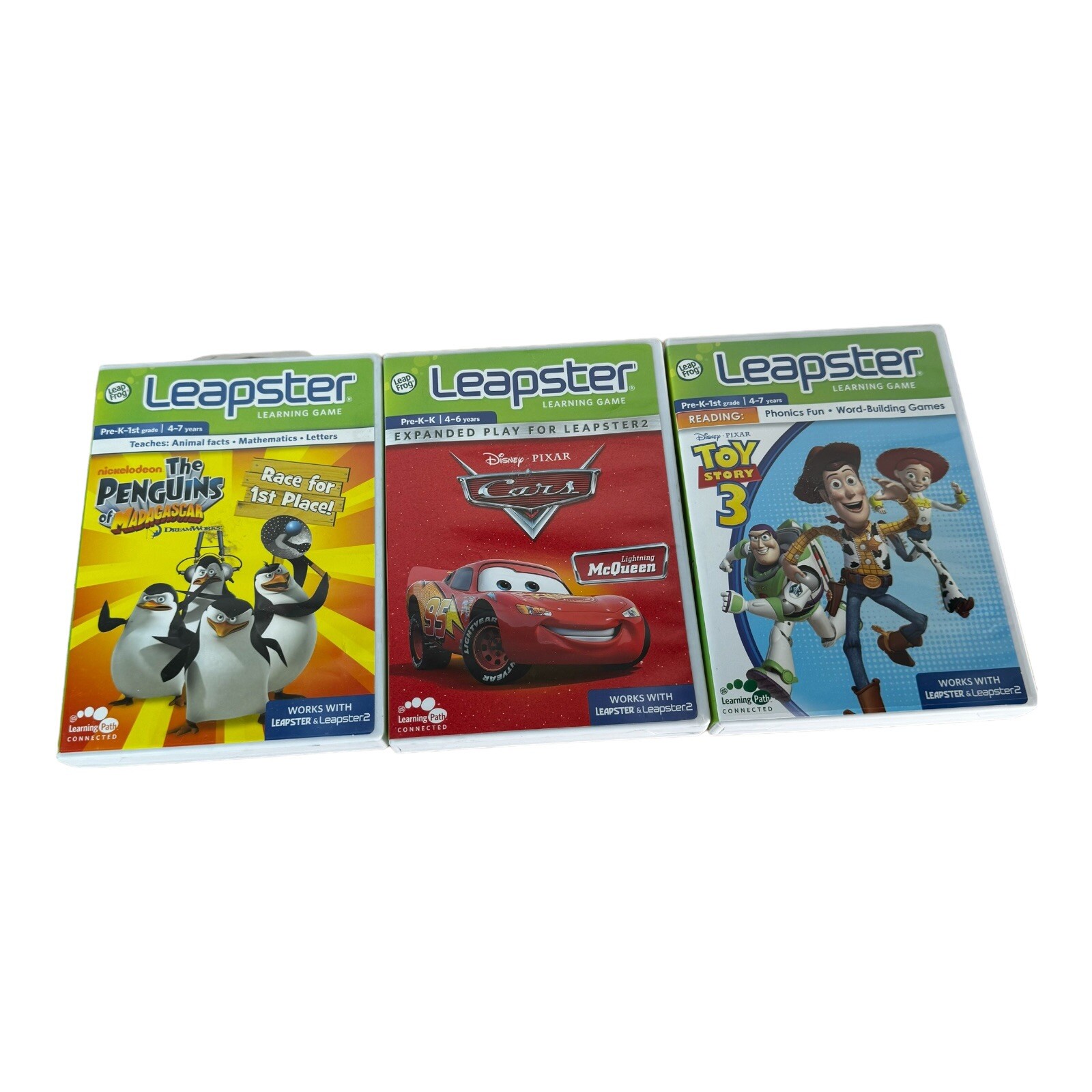 Lot of 3 Leapster Games w/ Cases Disney Cars Penguins Toy Story 3
