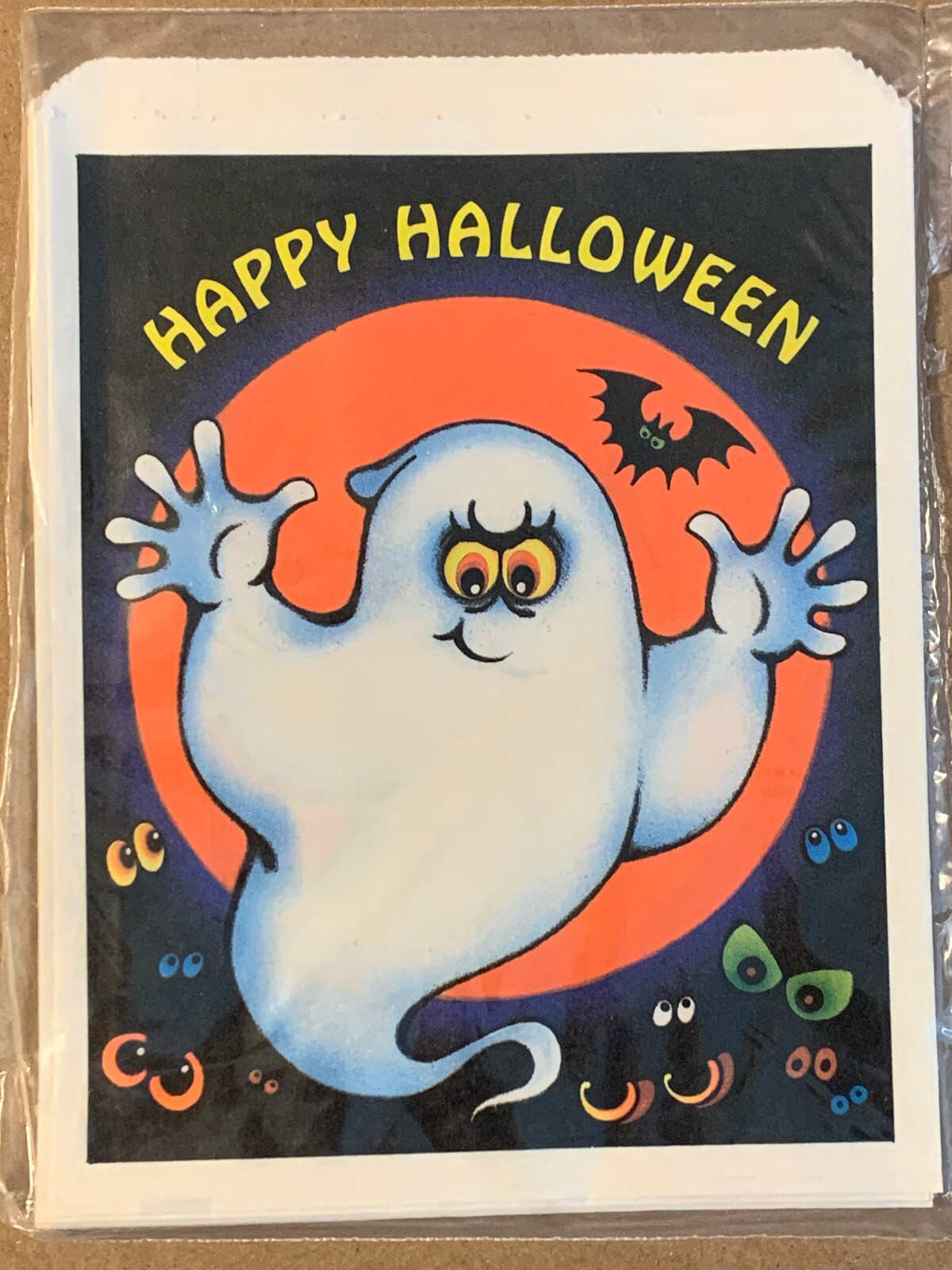 Vintage Hallmark 9CT Halloween Sealed Ghost, Bats & Eyes Treat Bag 8" X 6"!