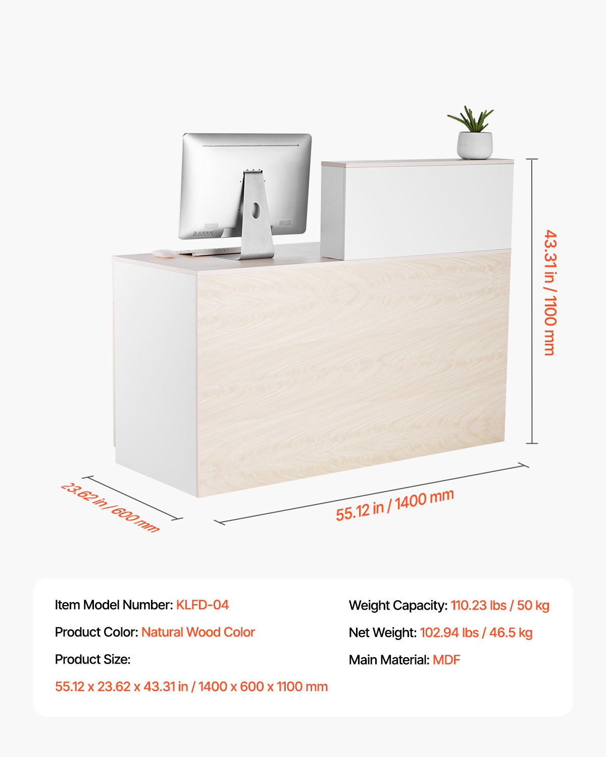 Reception Desk Rectangular Front Counter Table 55.12 in Wood Office Table